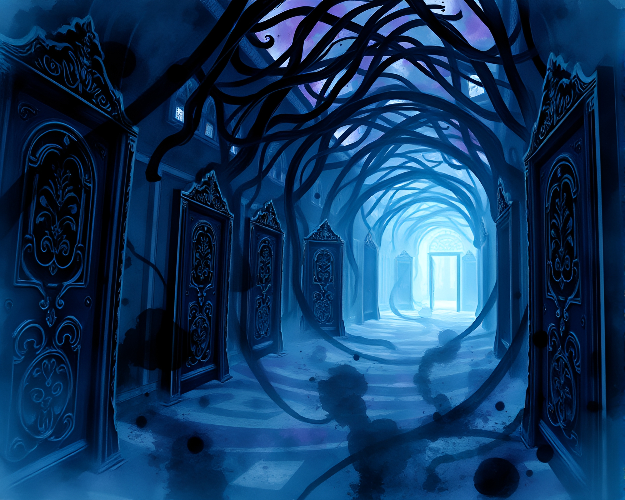 Intricate labyrinth of ornate doors creates eerie atmosphere – free AI stock image