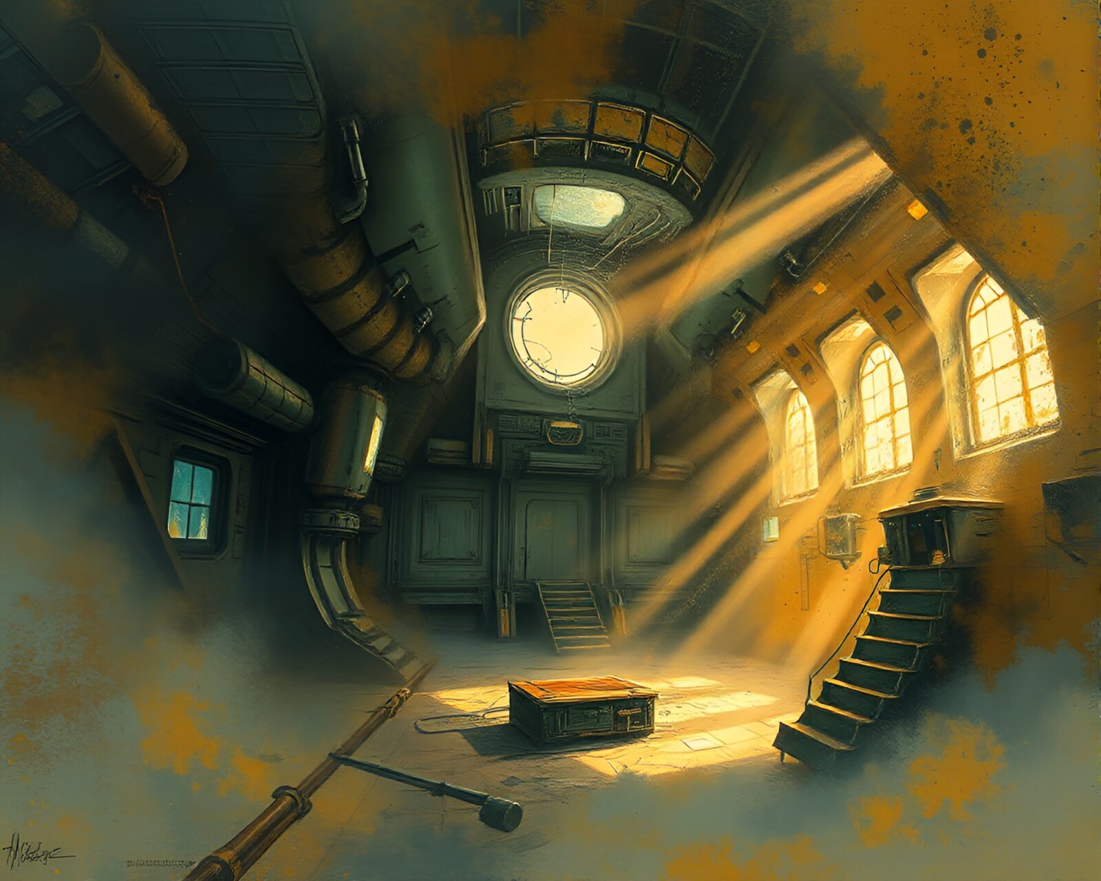 Ethereal cosmic dust swirls in eerie light at abandoned station