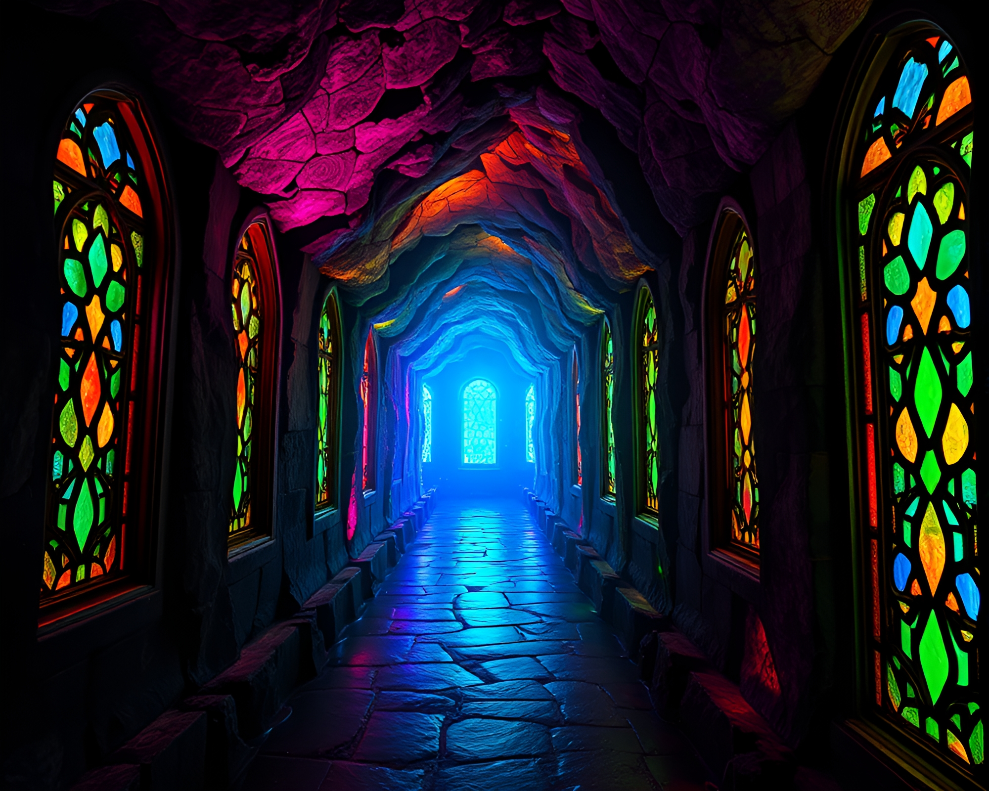 Vibrant Stained Glass Windows in Underground Candy Maze – free AI stock image