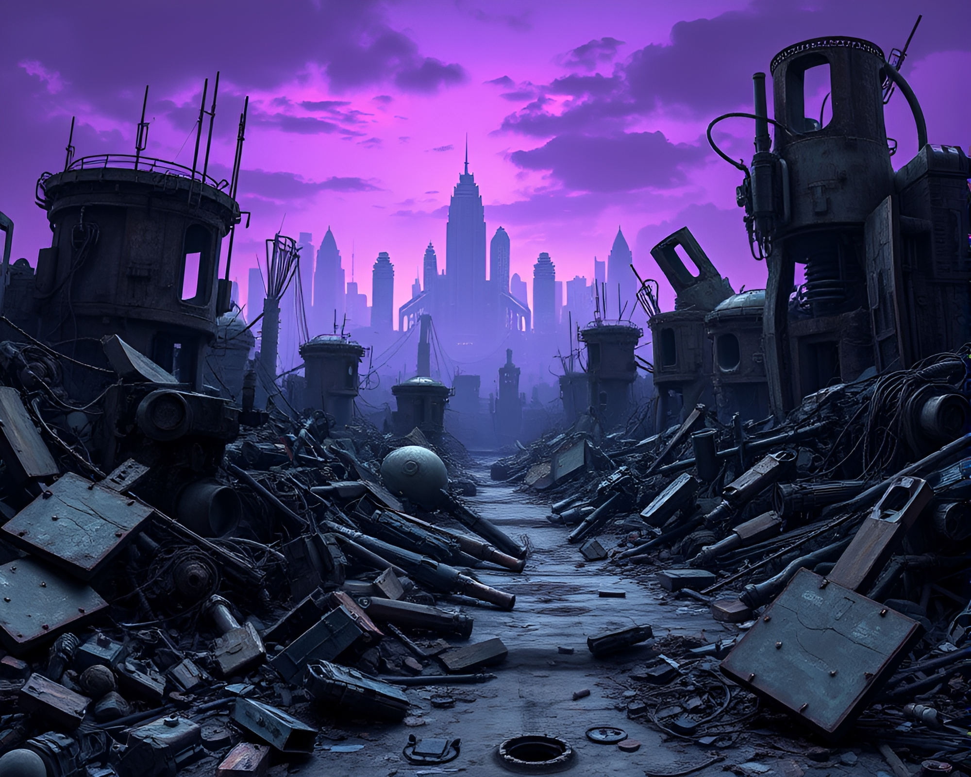 Eerie Ruined Robotic Junkyard in Futuristic Cityscape – free AI stock image