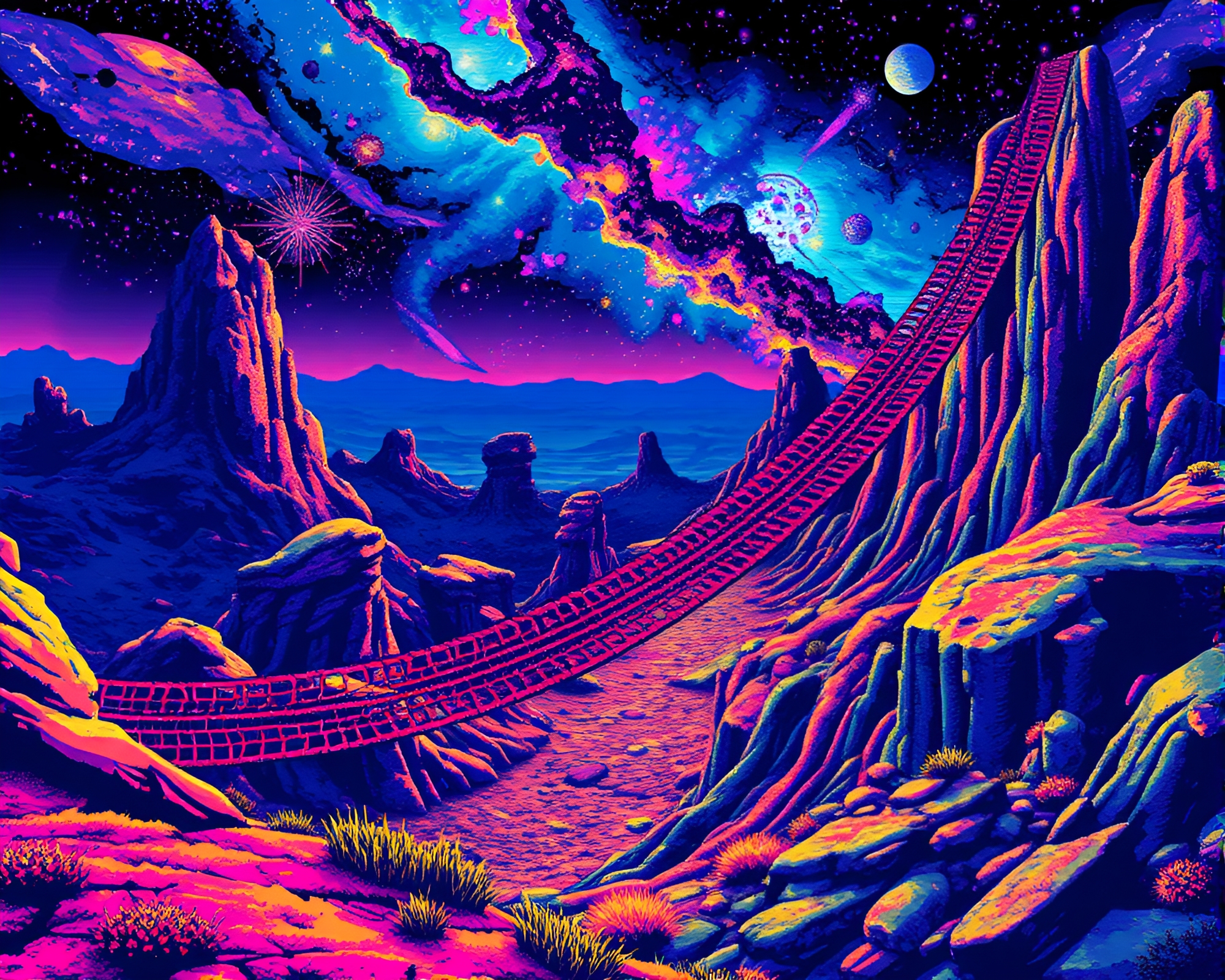 8-Bit Cosmic Tapestry Meandering Through Otherworldly Landscape – free AI stock image