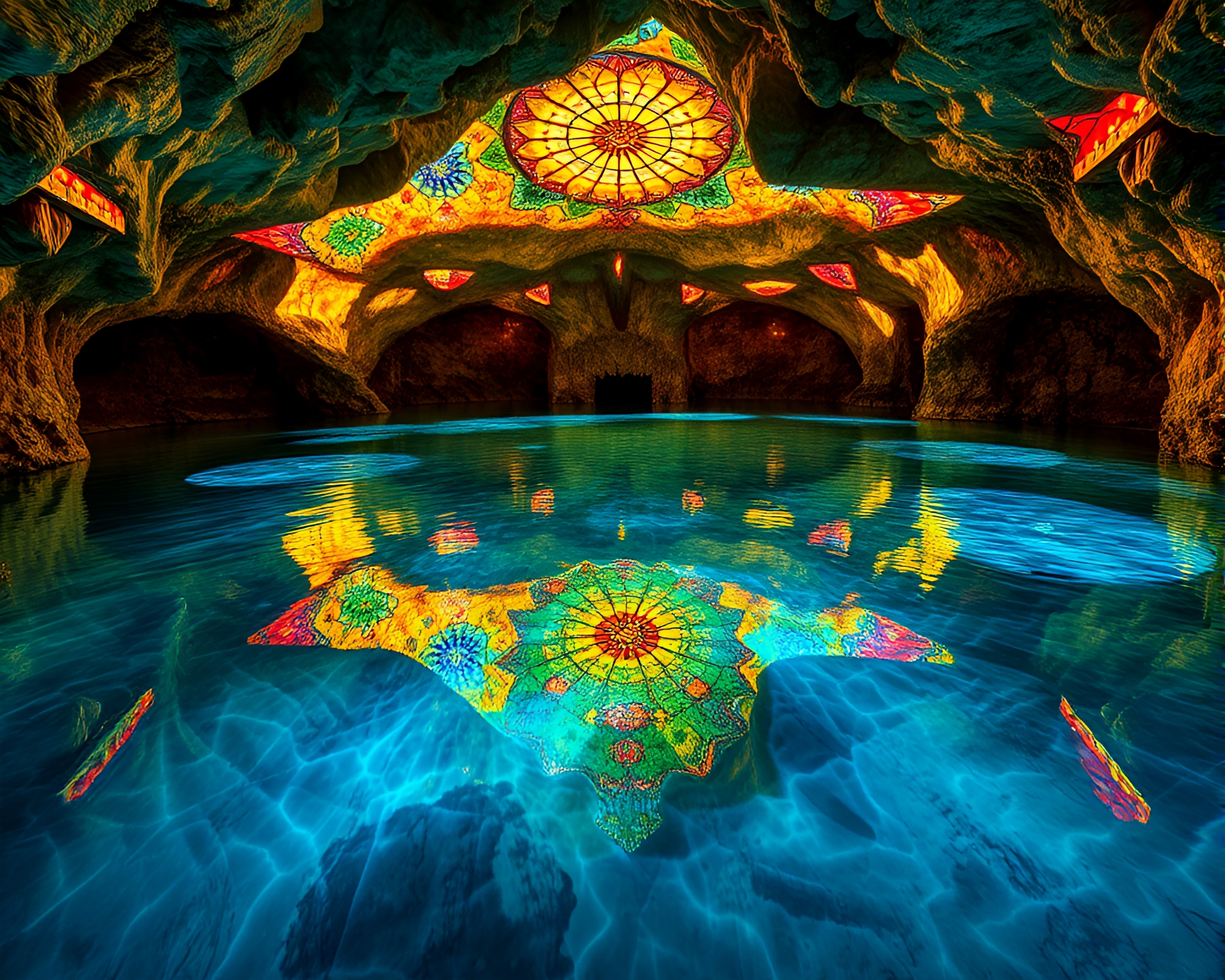 Subterranean Crystal Lake Shimmers Under Glowing Stained Glass Ceiling – free AI stock image