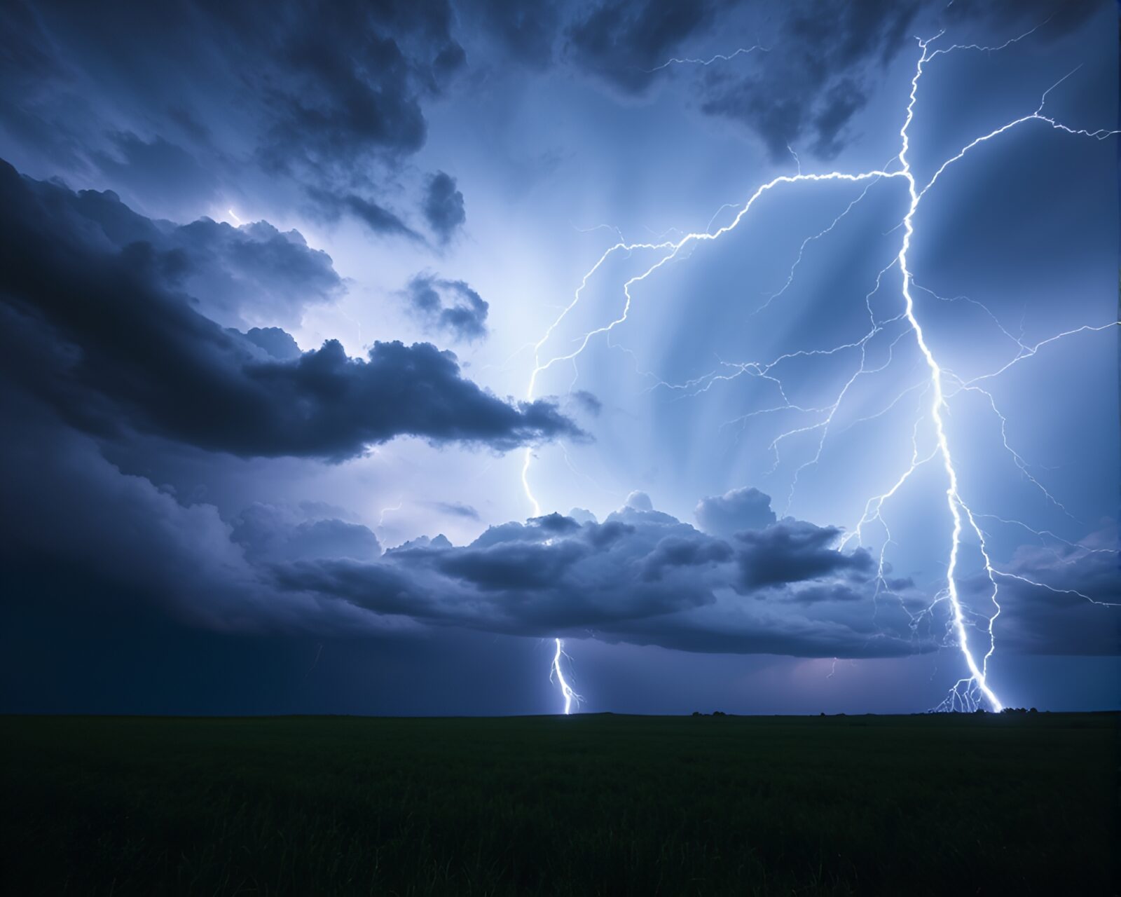 Dark, ominous clouds illuminated by lightning bolts in a stormy sky
