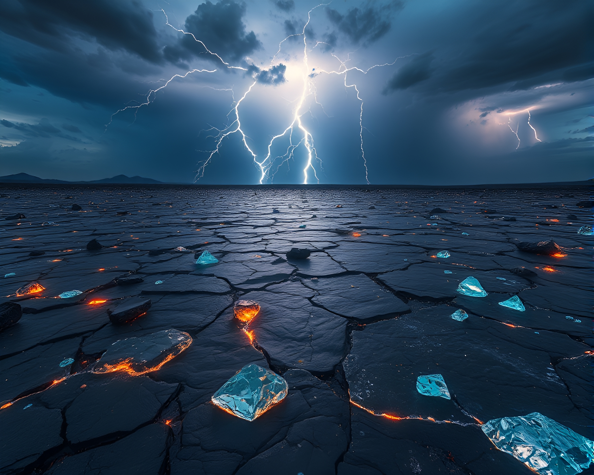 Dramatic Volcanic Glass Plains Under Lightning Storm – free AI stock image