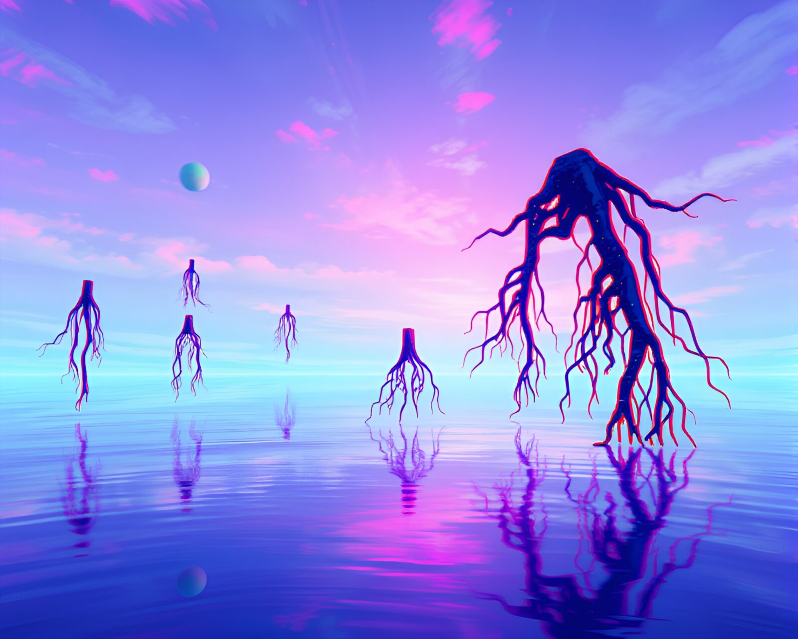 Vibrant and surreal landscape with floating roots defying gravity