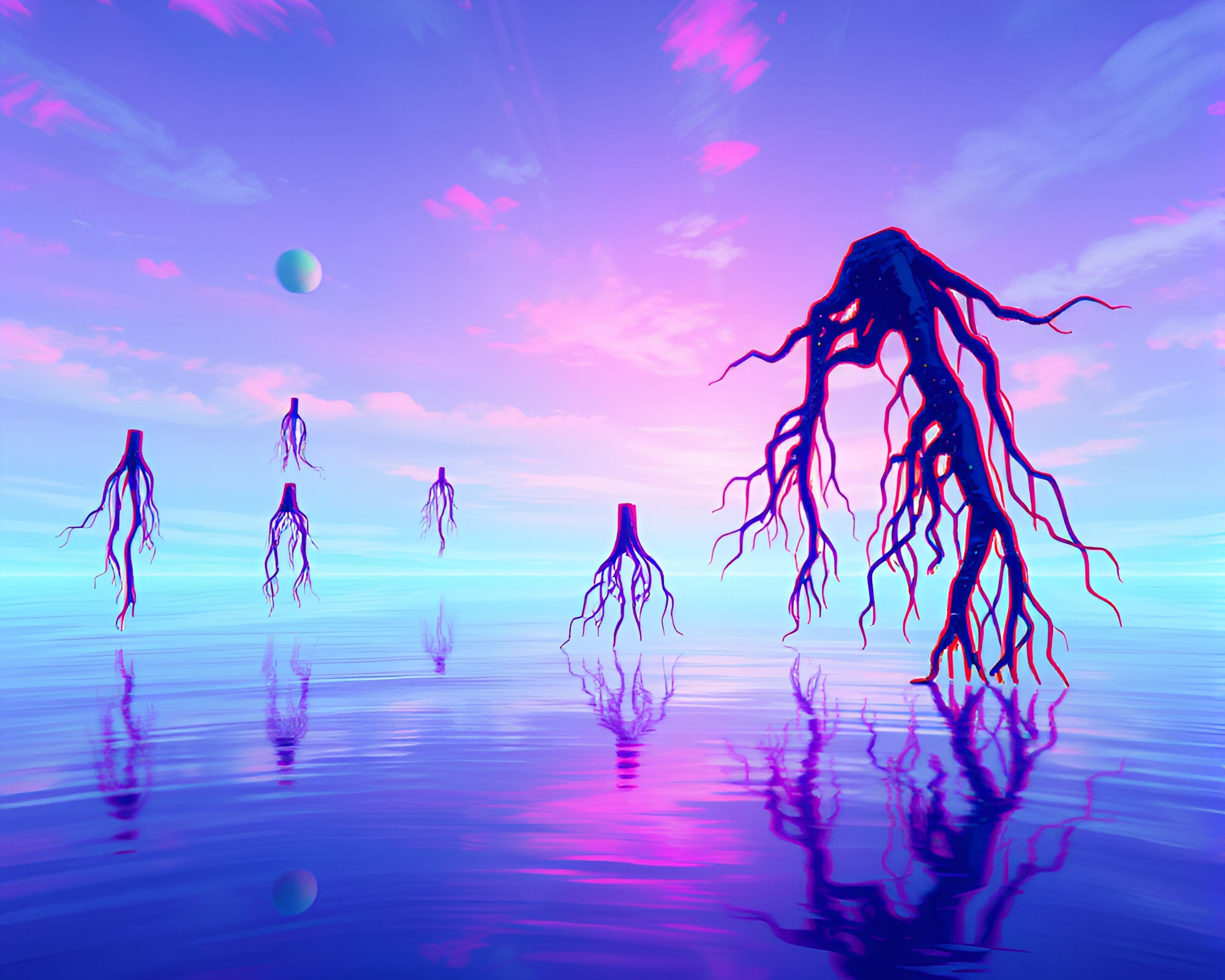 Surreal Glitch Art: Floating Roots in Tranquil Landscape – free AI stock image