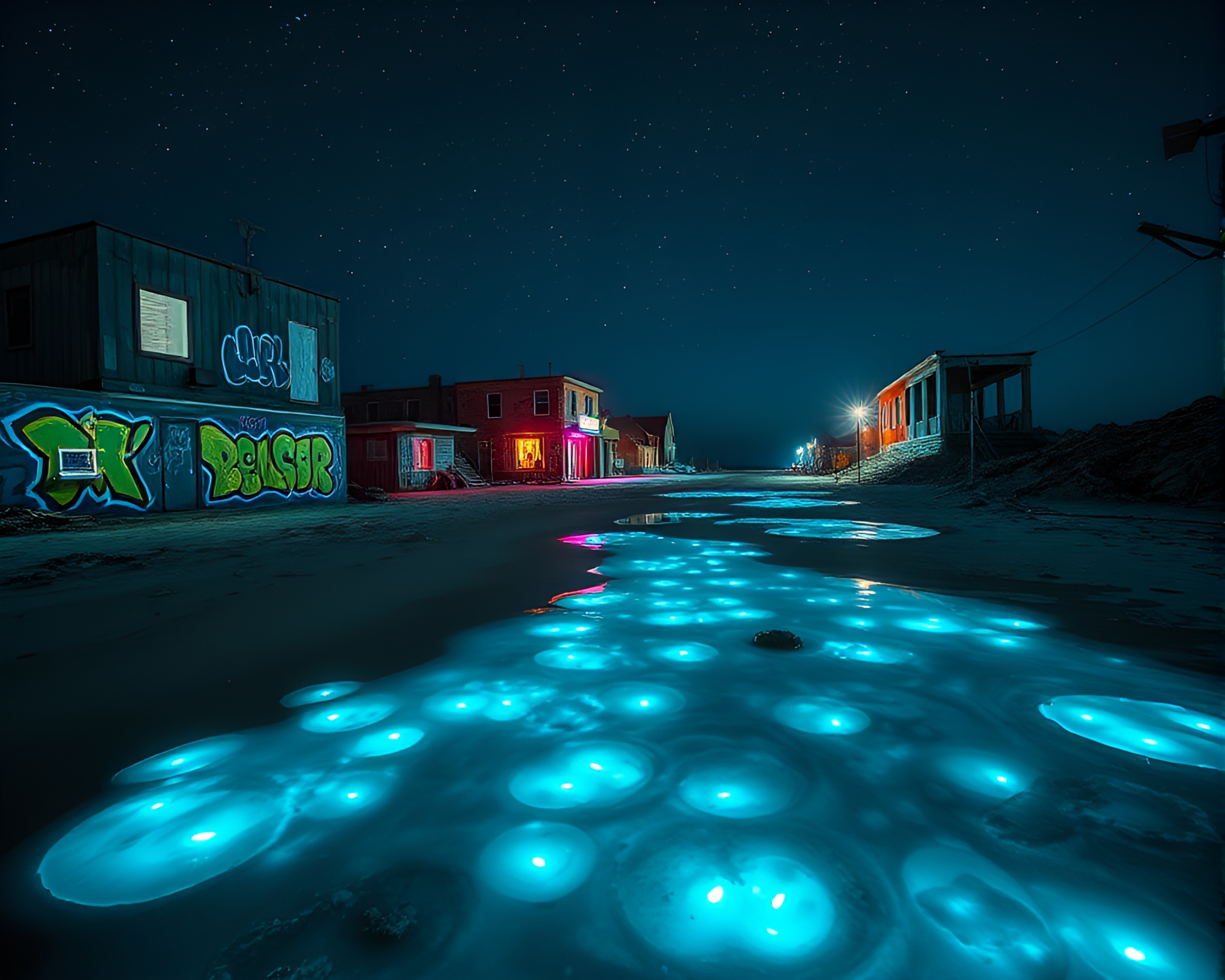Mesmerizing Bioluminescent Tide Pools and Neon Graffiti Art – free AI stock image