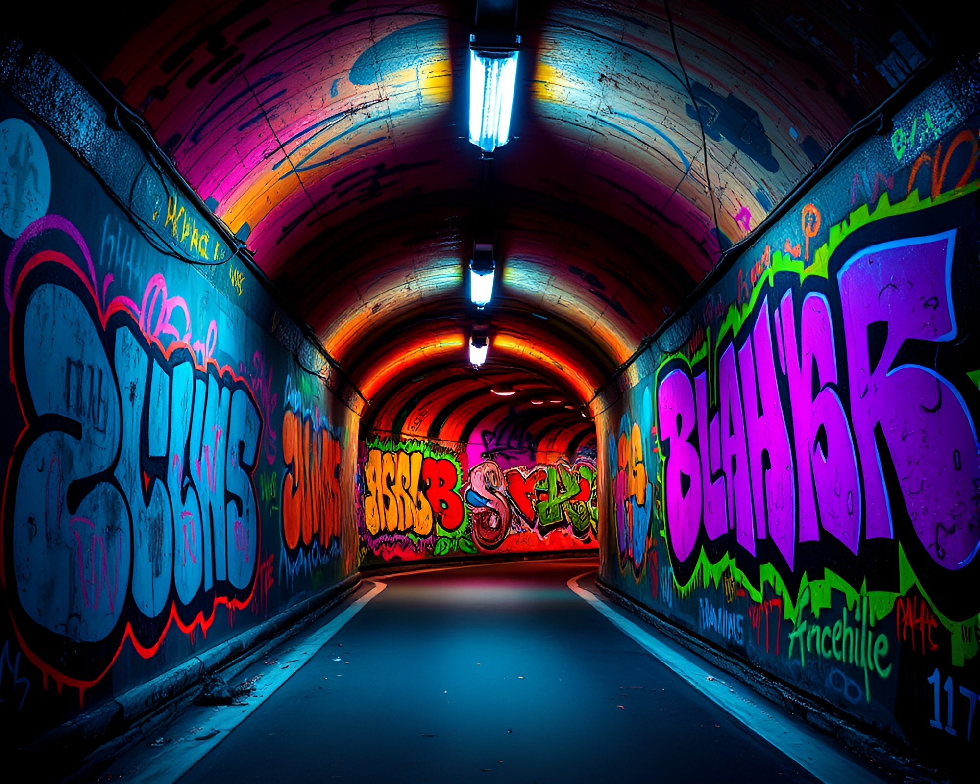 Mesmerizing Neon Graffiti in Stark Tunnel – free AI stock image
