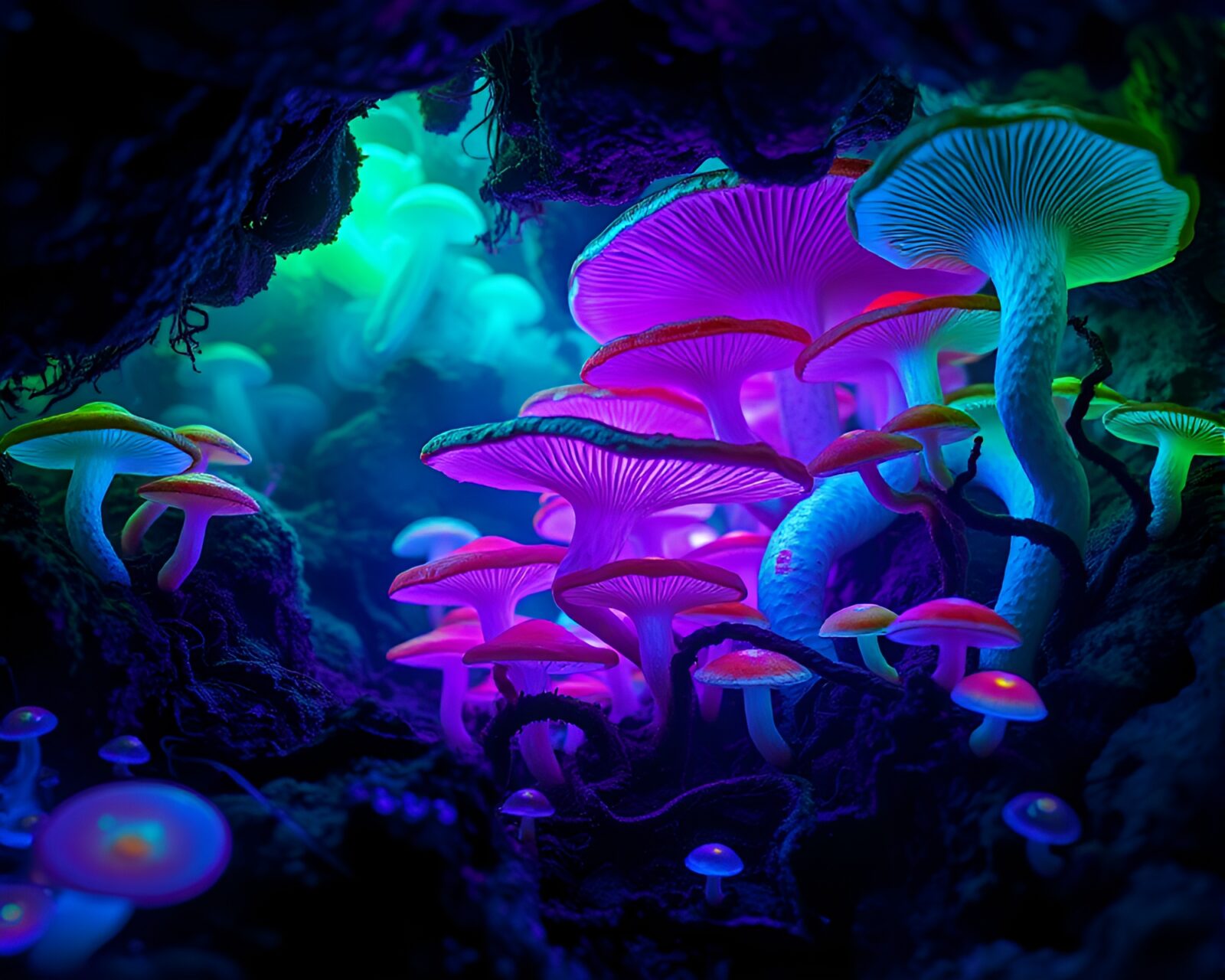 Ethereal subterranean fungi forest with glowing vibrant hues