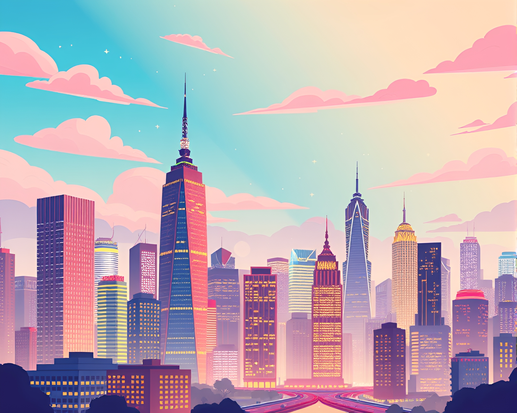Dreamy Cityscape Under Pastel Sky Vector Illustration – free AI stock image