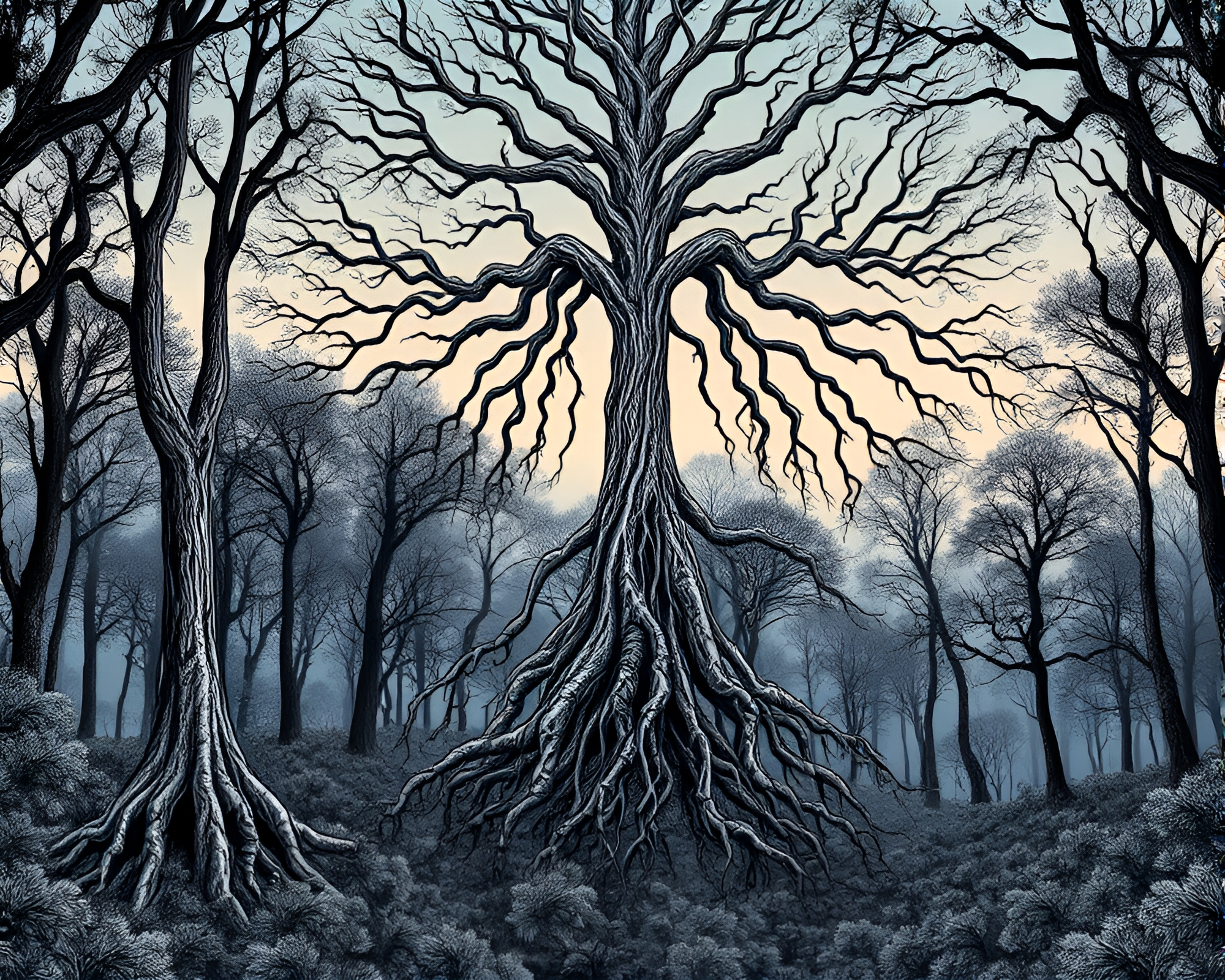 Mystical Twilight Forest with Floating Roots Network – free AI stock image