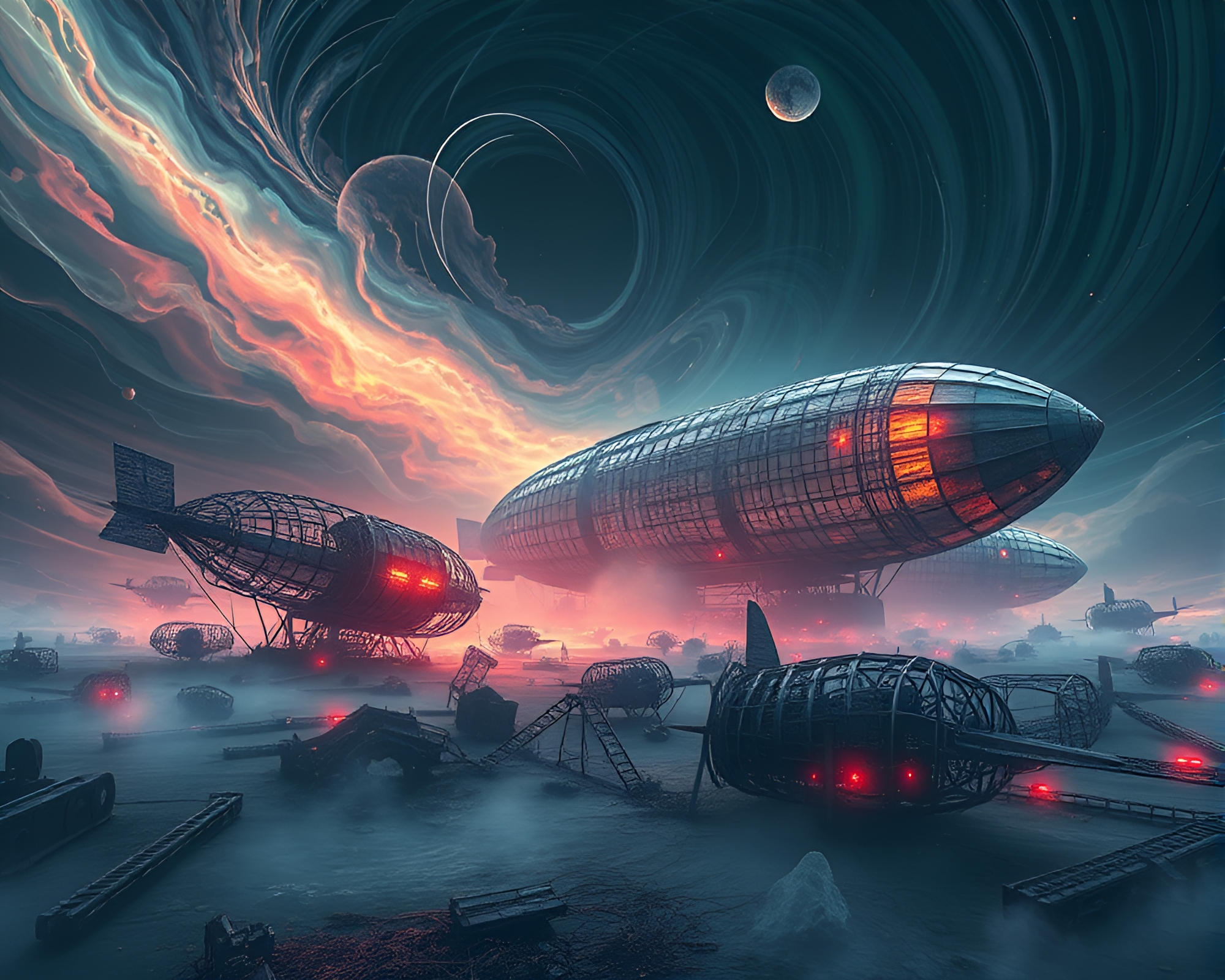 Ethereal Zeppelin Graveyard in Kinetic Landscape – free AI stock image