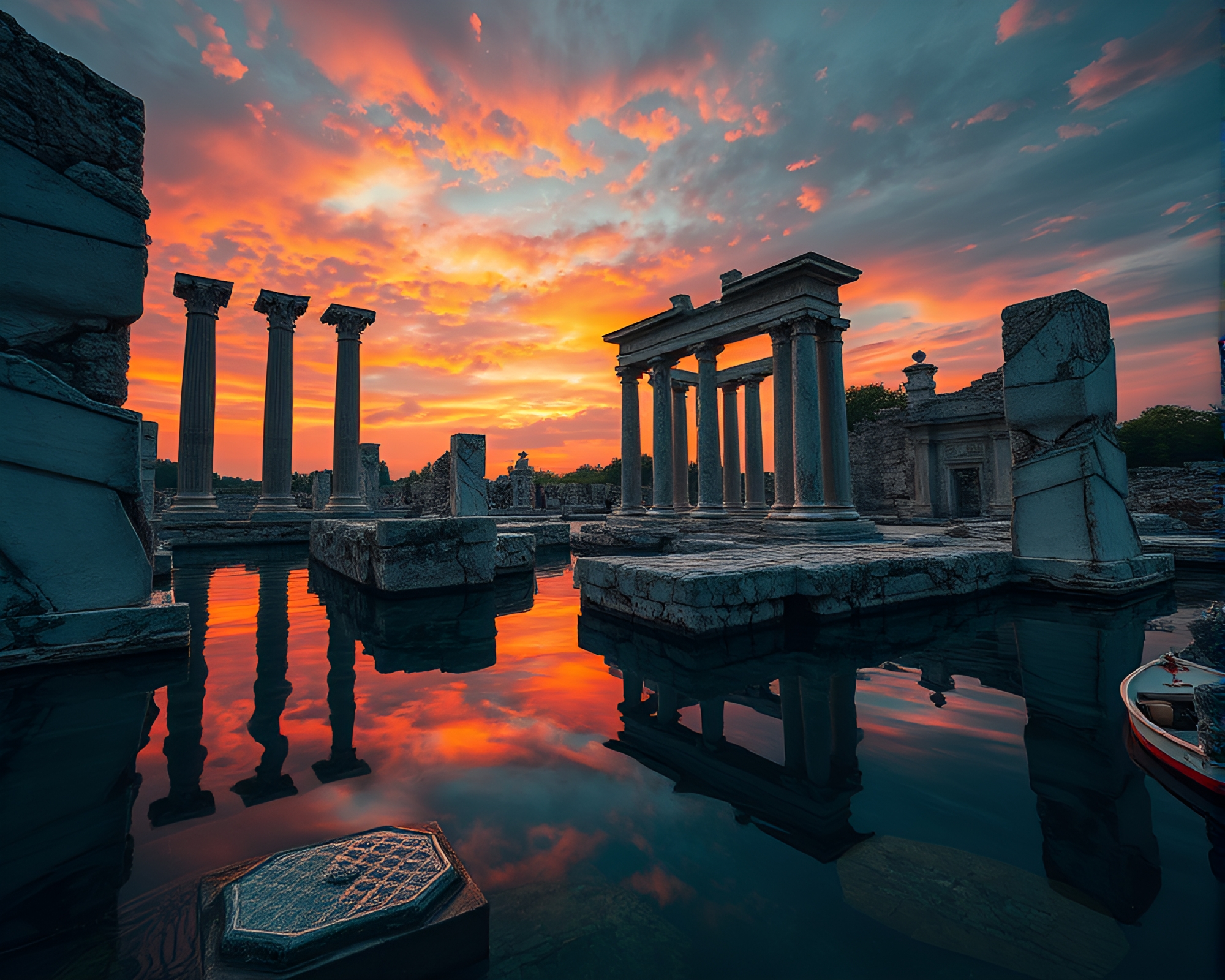 Ancient Marble Palace Ruins in Watercolor Sunset Splendor – free AI stock image