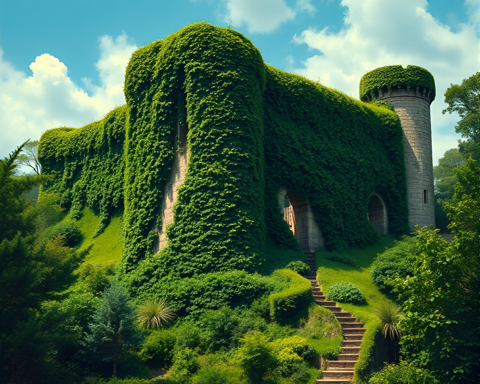 Mystical and vibrant ivy-wrapped fortress blending with nature