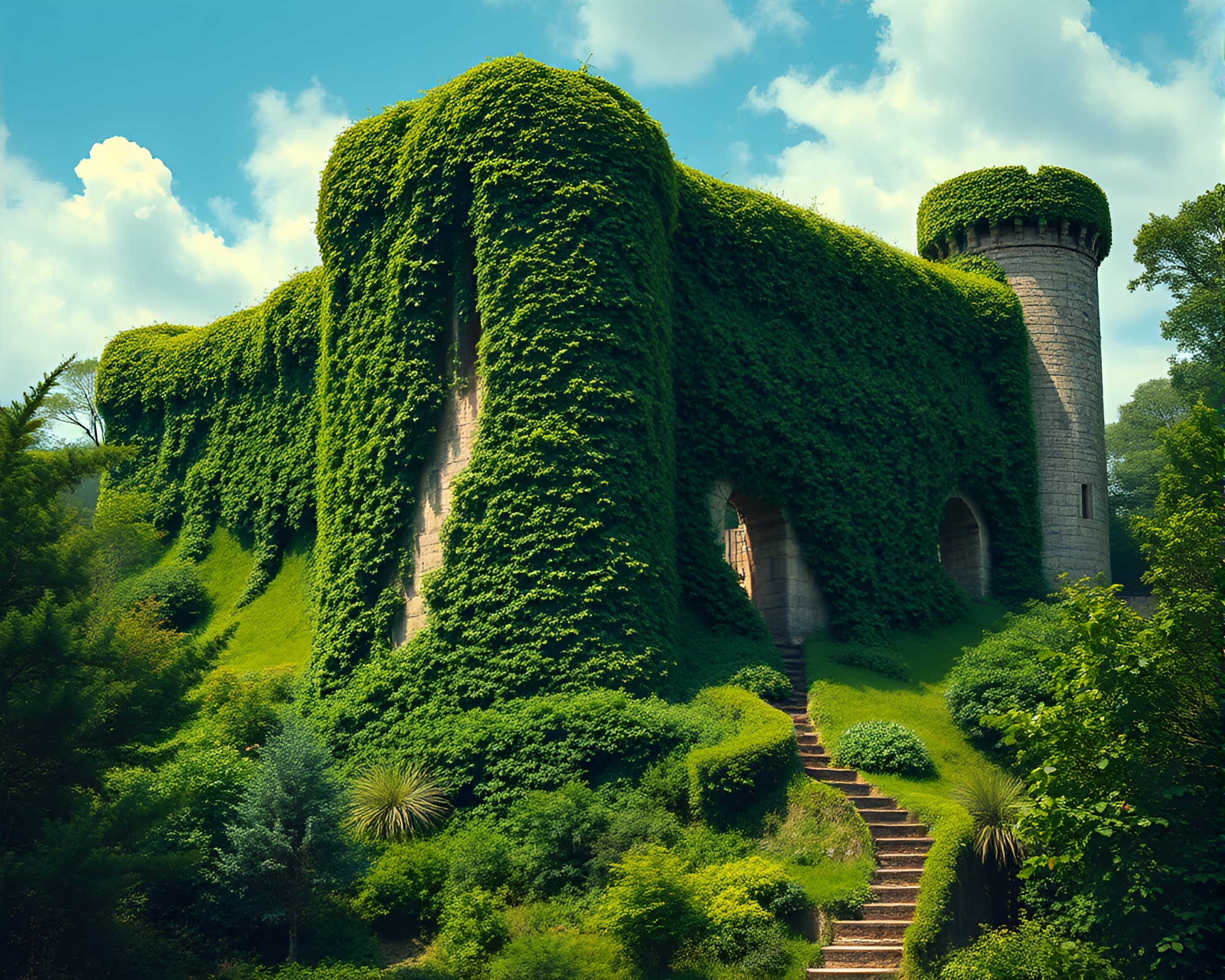 Enchanting Ancient Fortress Covered in Vibrant Ivy – free AI stock image