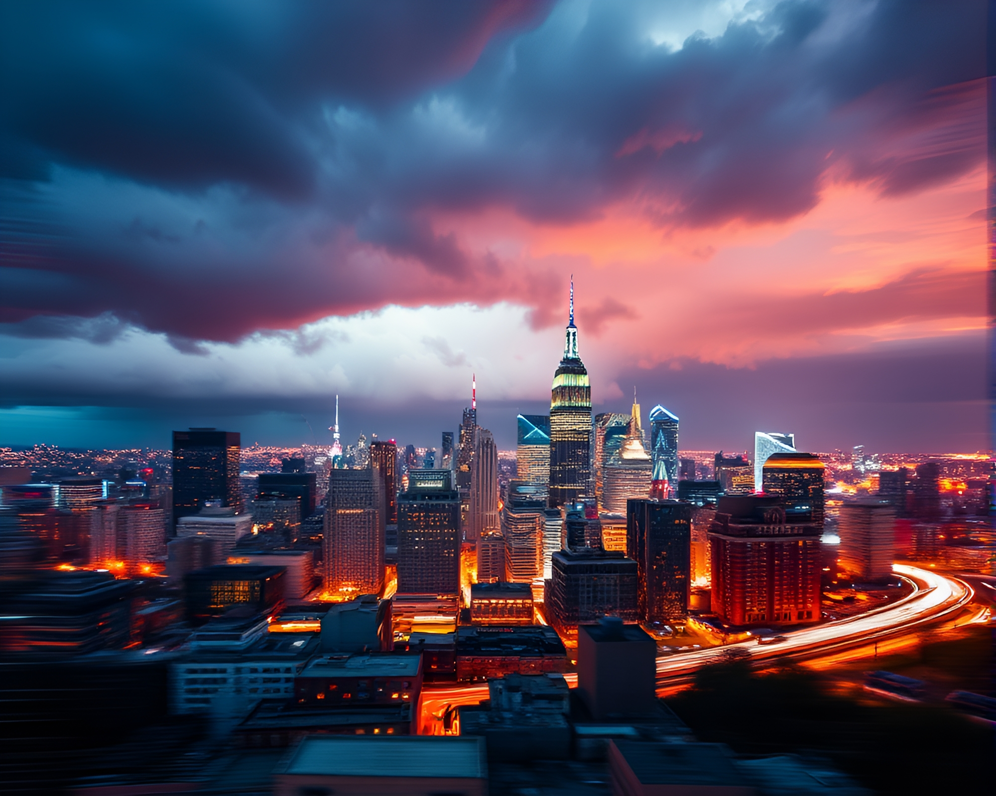 Dusk Cityscape Time-Lapse: Ominous Storm Clouds Gathering – free AI stock image
