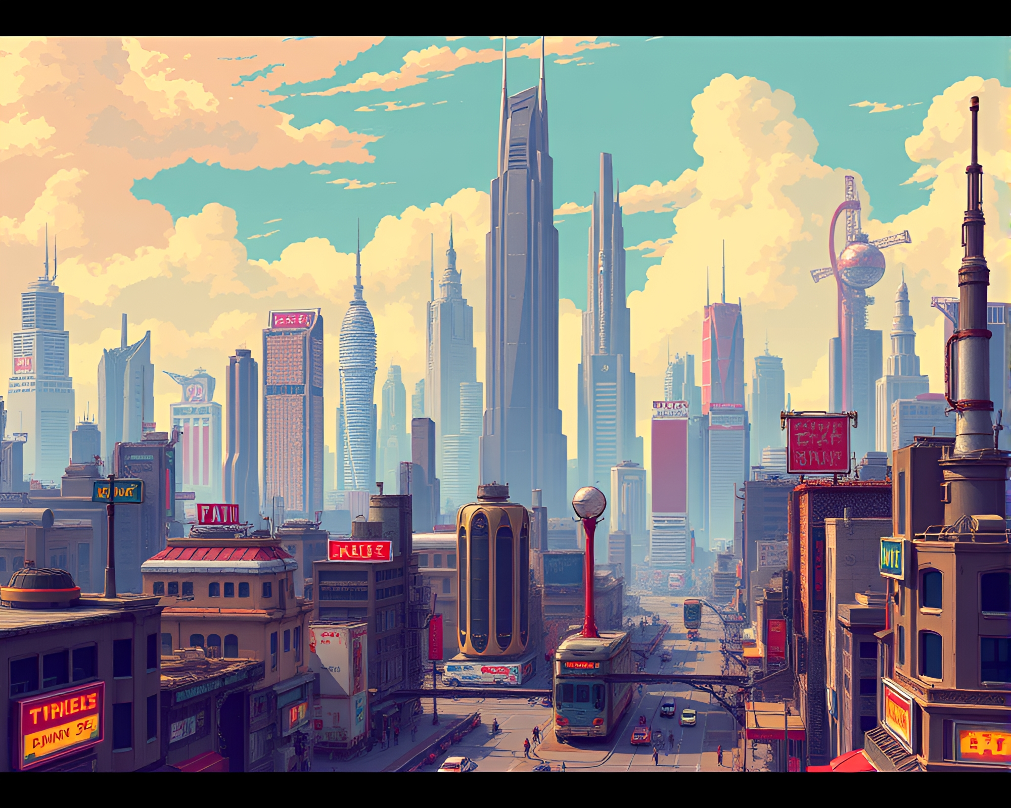 Neon-lit Pixelated Metropolis in Retro-Futuristic Era – free AI stock image