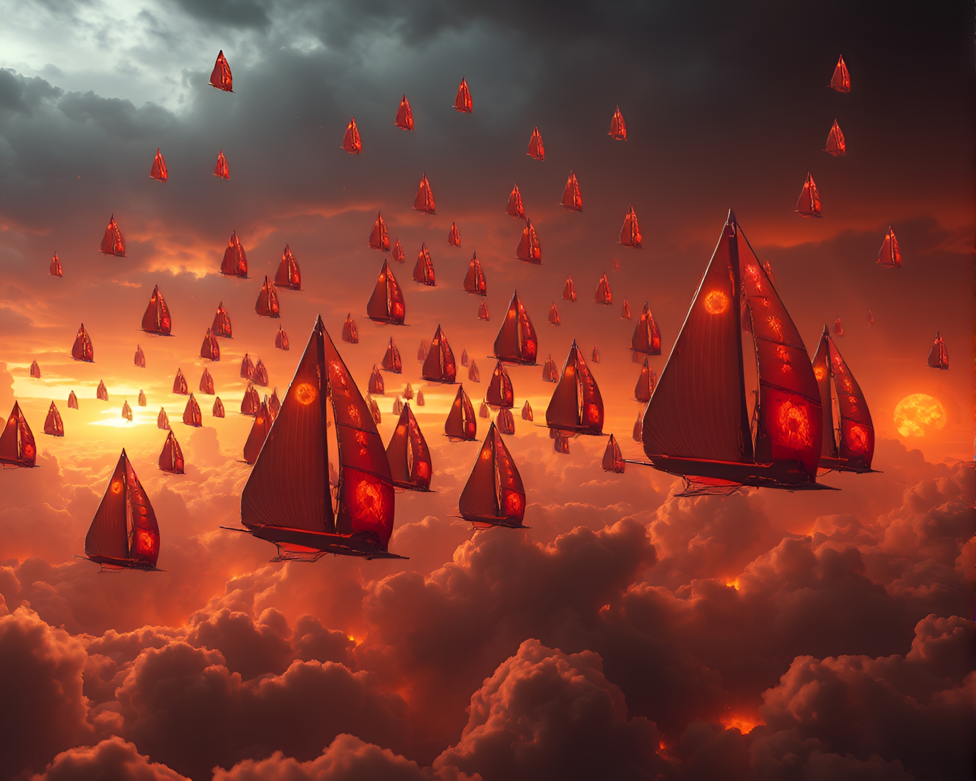 Fiery Apocalypse: Solar Sail Fleet in Vibrant Colors – free AI stock image