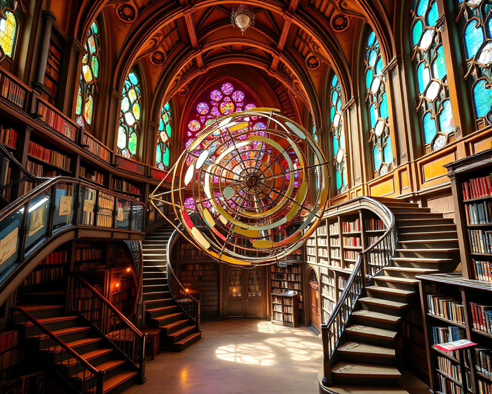 Colorful labyrinthine library with mesmerizing kinetic sculpture and stained-glass windows