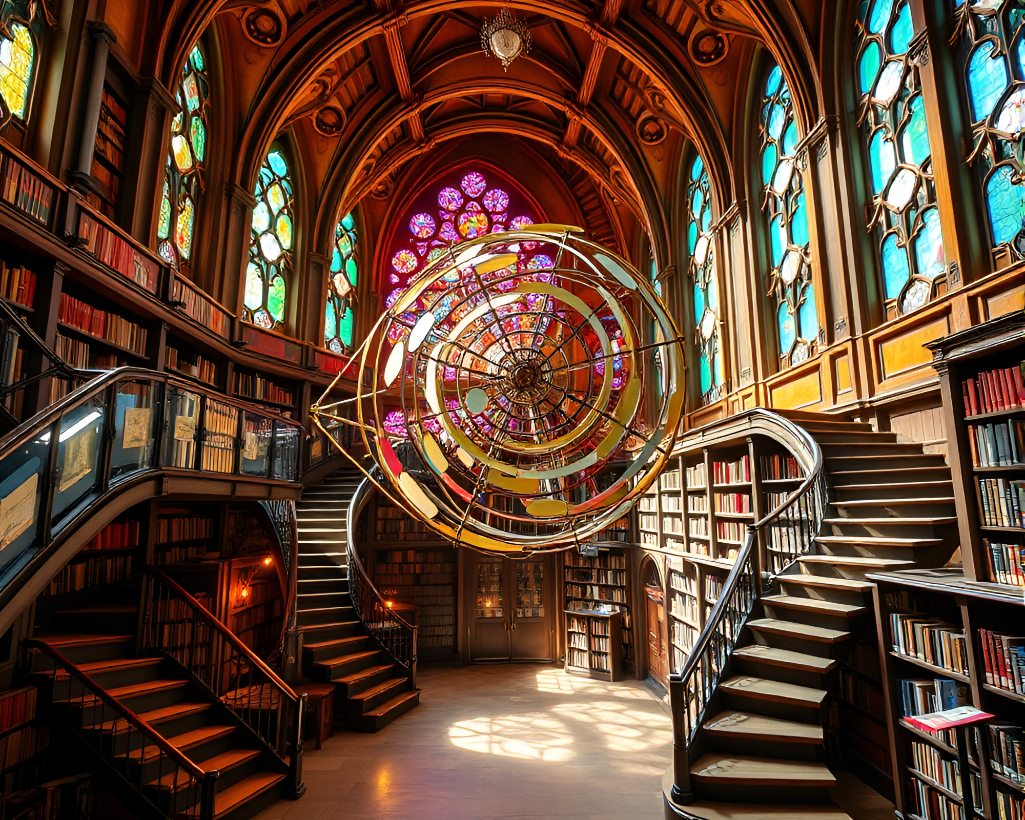 Enchanting Library Labyrinth with Kinetic Sculpture Display – free AI stock image