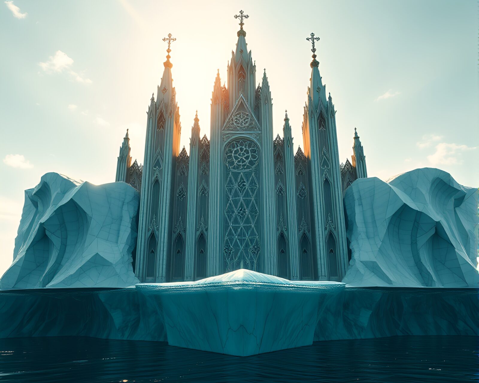 Massive iceberg with cathedral-like structure reflecting sunlight on sea