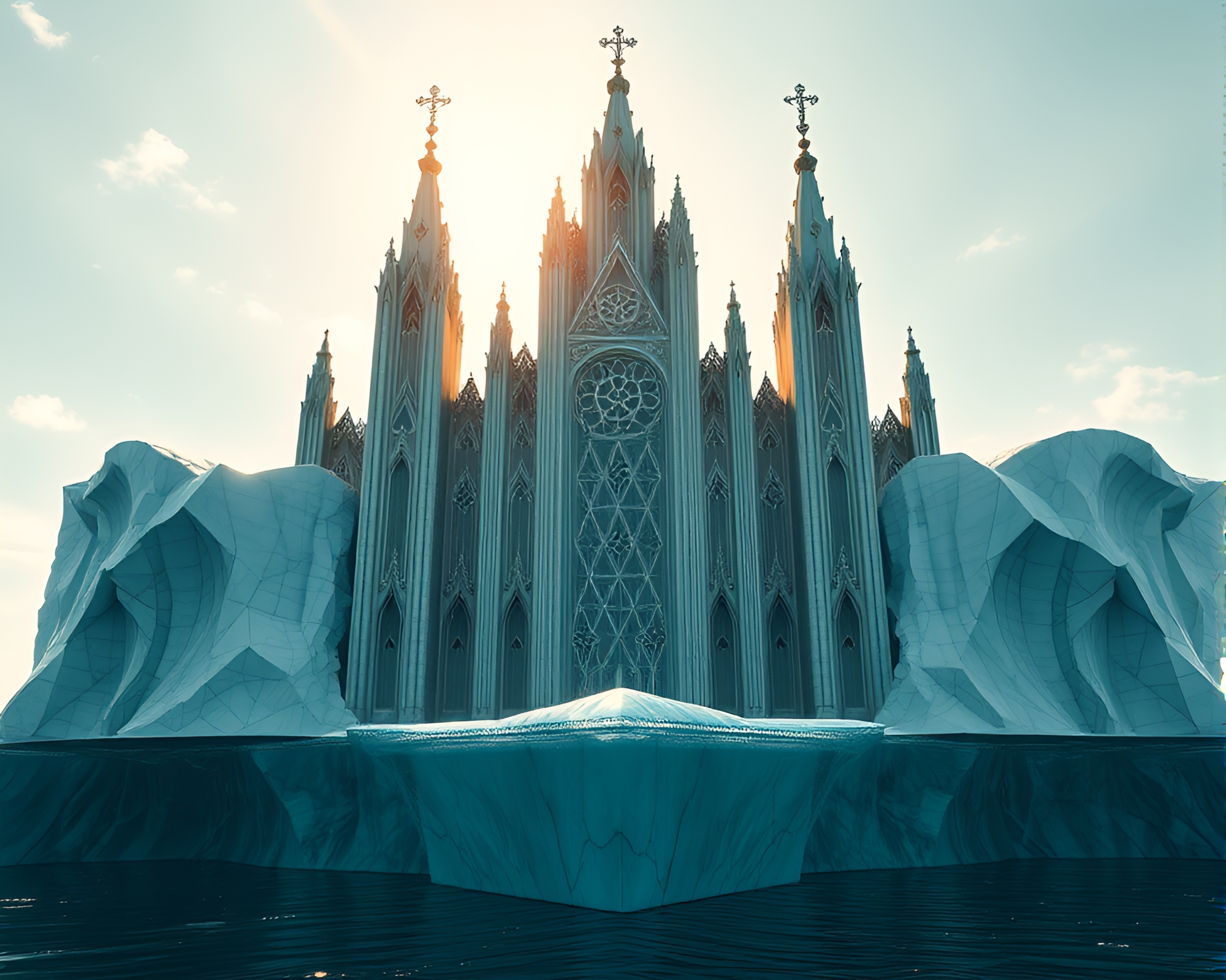 Majestic Iceberg Cathedral Glowing in Sunlight on Ocean – free AI stock image