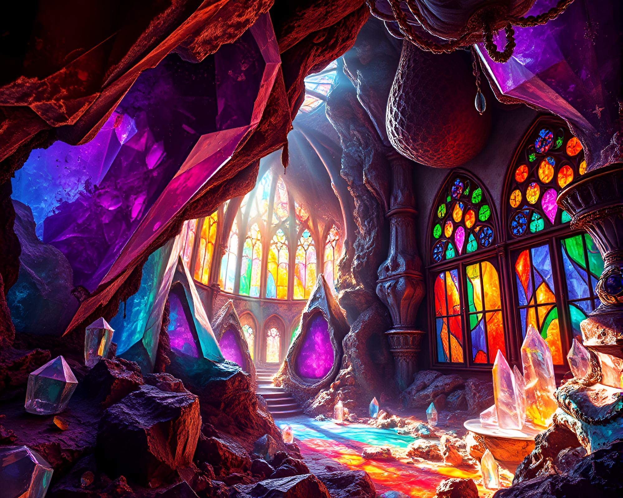 Enchanting Crystalline Cavern with Stained Glass Windows – free AI stock image
