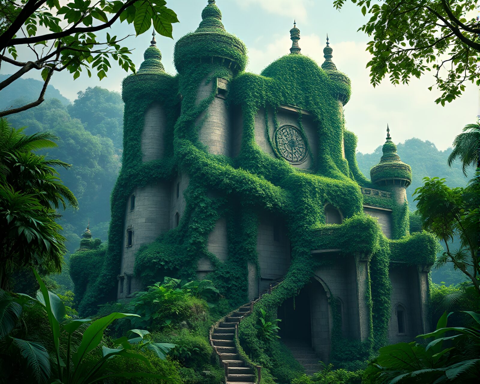 Mystical fortress entwined with lush ivy in jungle setting