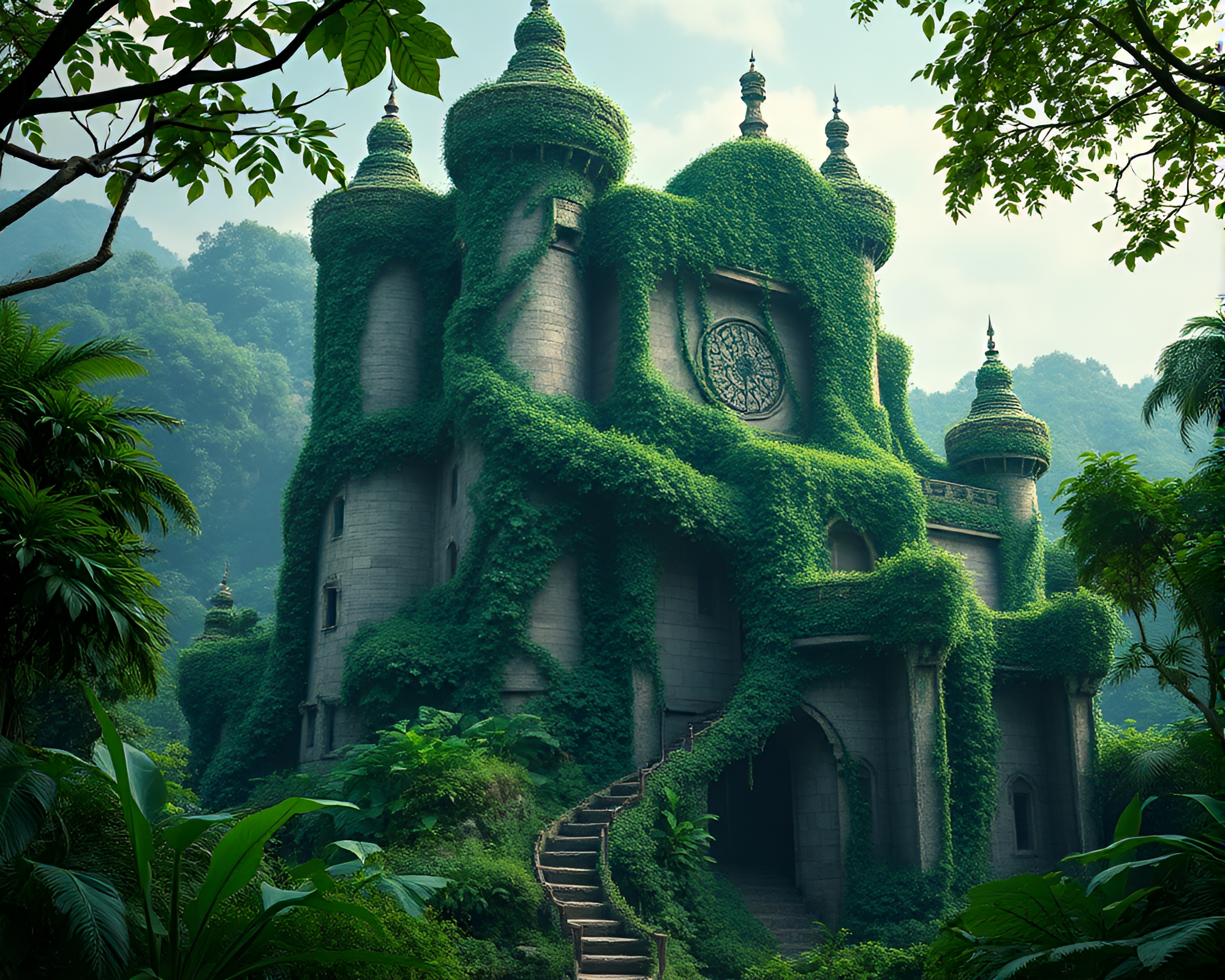 Enchanting Jungle Fortress Covered in Green Ivy – free AI stock image