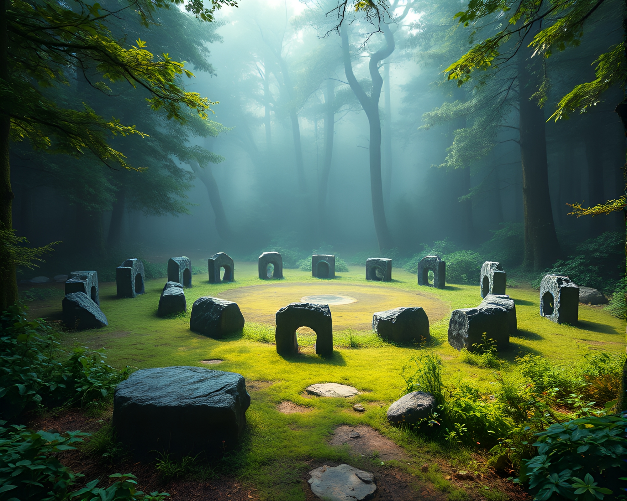 Enchanting Druidic Stone Circle in Misty Forest Clearing – free AI stock image