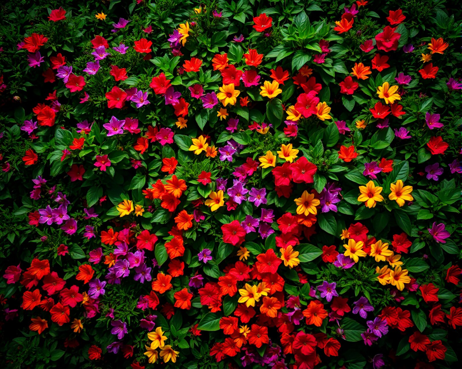 Dynamic scene of lush greenery and colorful flowers