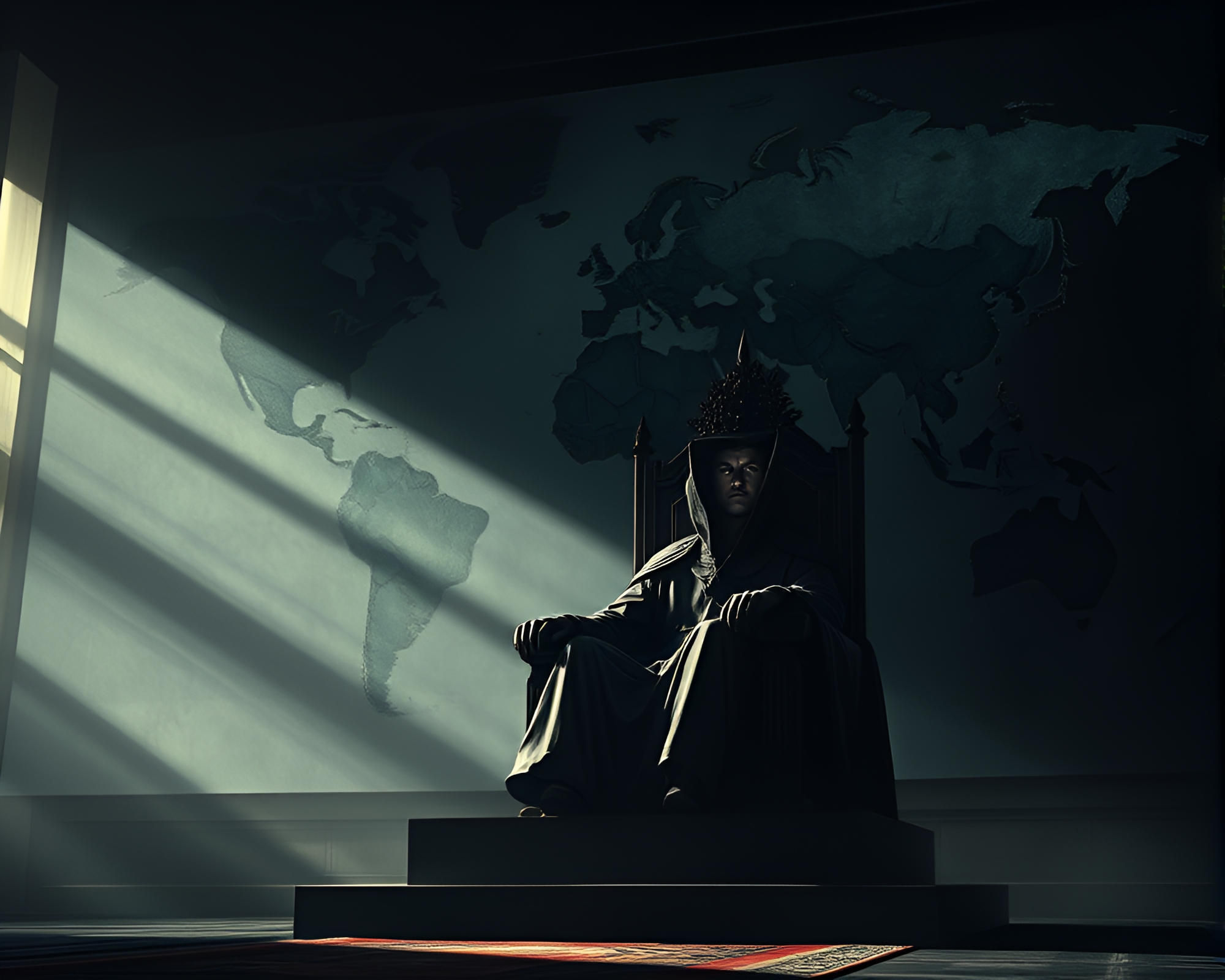 Mysterious Figure on Throne with World Map Portrait – free AI stock image