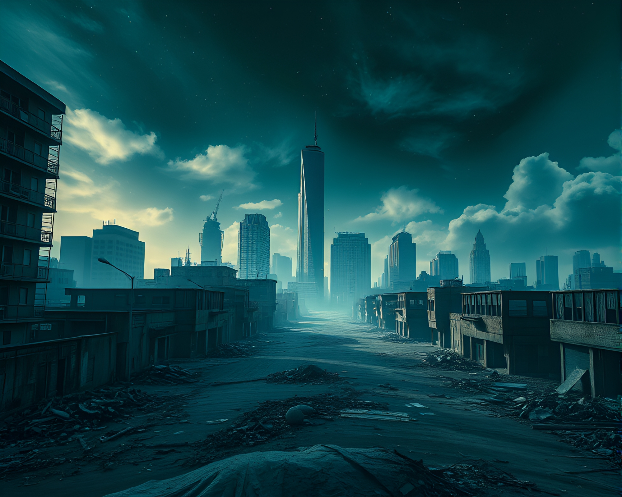 Surreal Cityscape: Eerie Melting Buildings at Dusk – free AI stock image