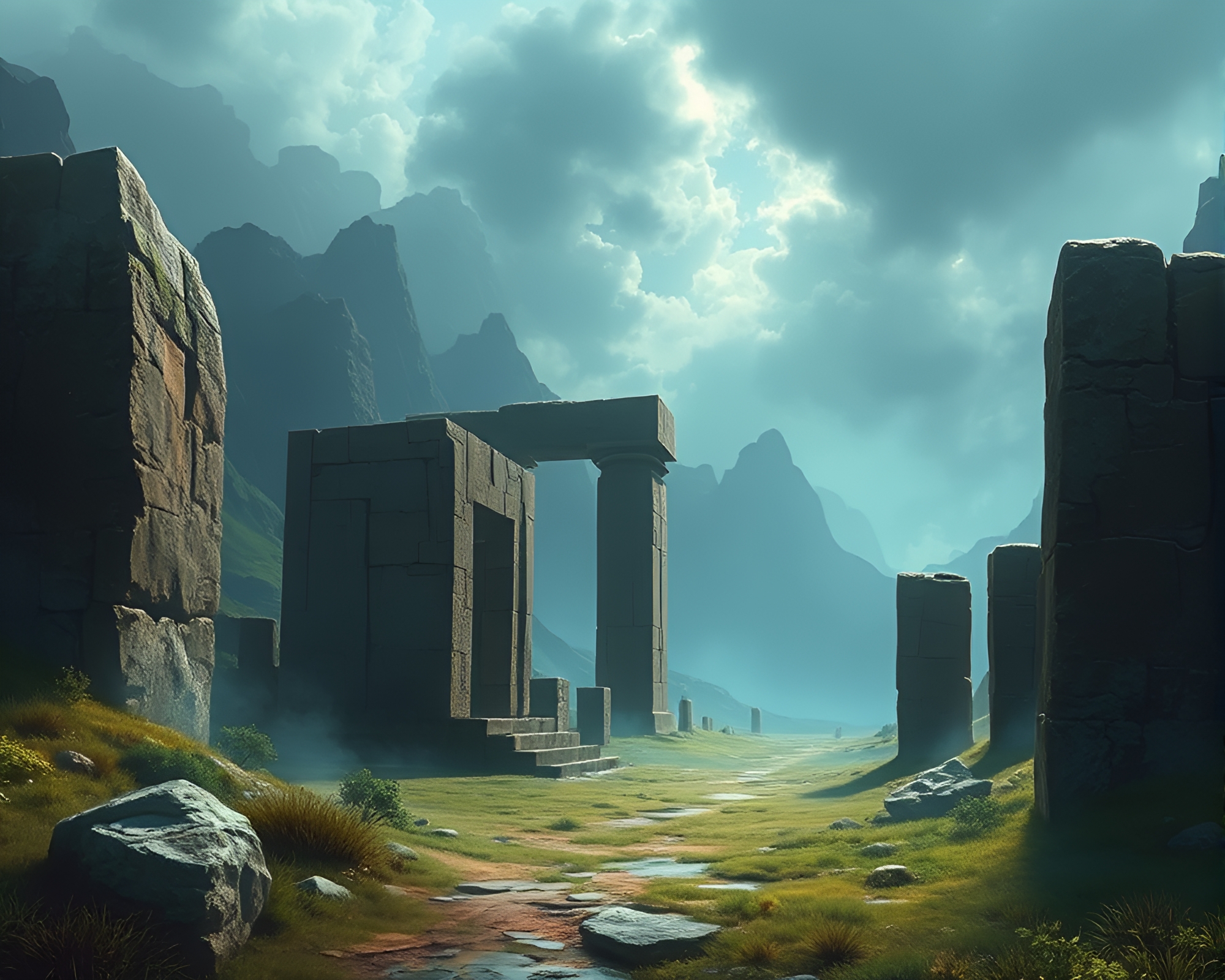Ancient Monolithic Ruins in a Mystical Landscape – free AI stock image