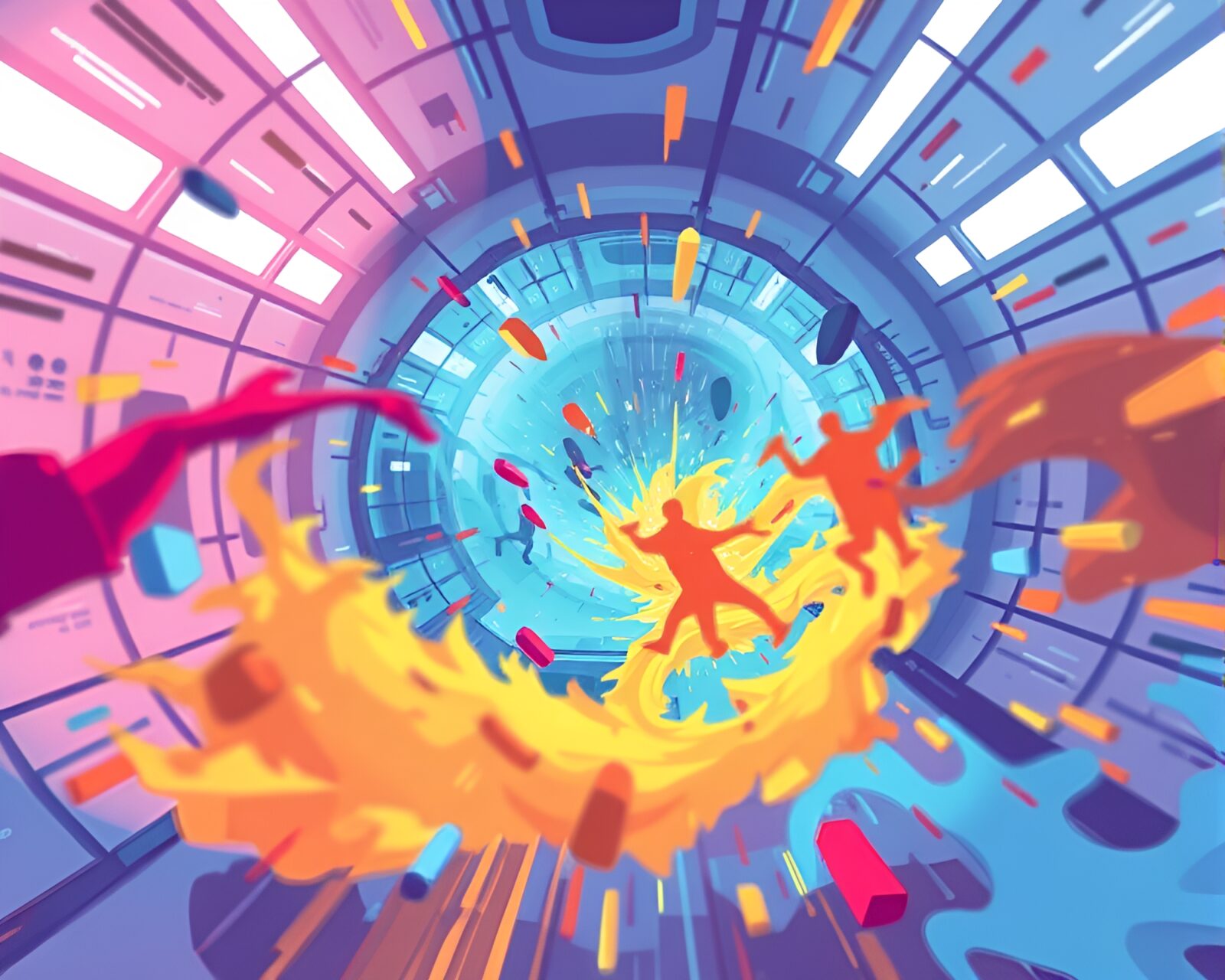 Dynamic zero-gravity artwork with frenetic energy and vibrant colors