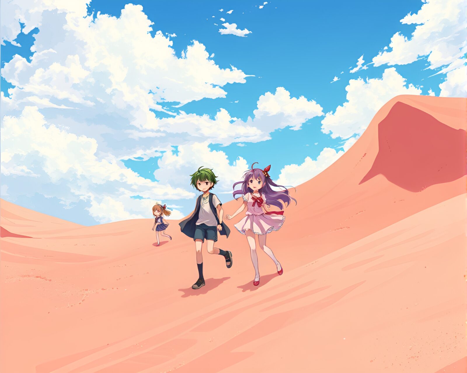 Whimsical anime characters playing in colorful sand dunes