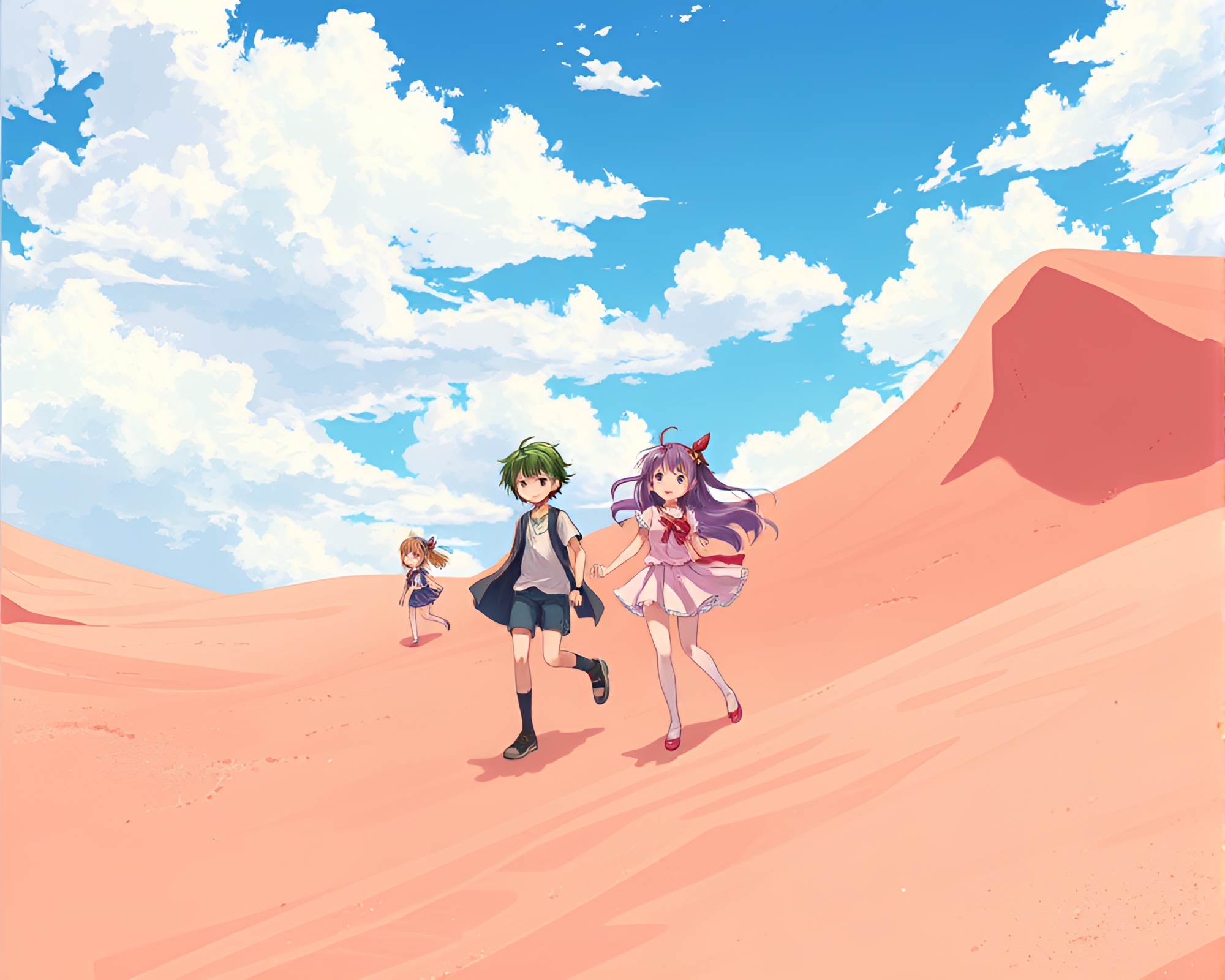 Anime Characters Frolicking in Vibrant Coral Sand Dunes – free AI stock image