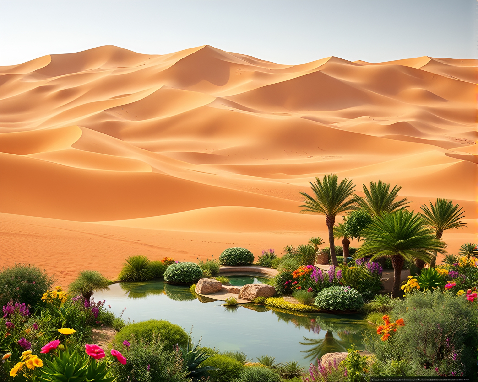 Tranquil Oasis Emerges from Sandy Desert Landscape – free AI stock image