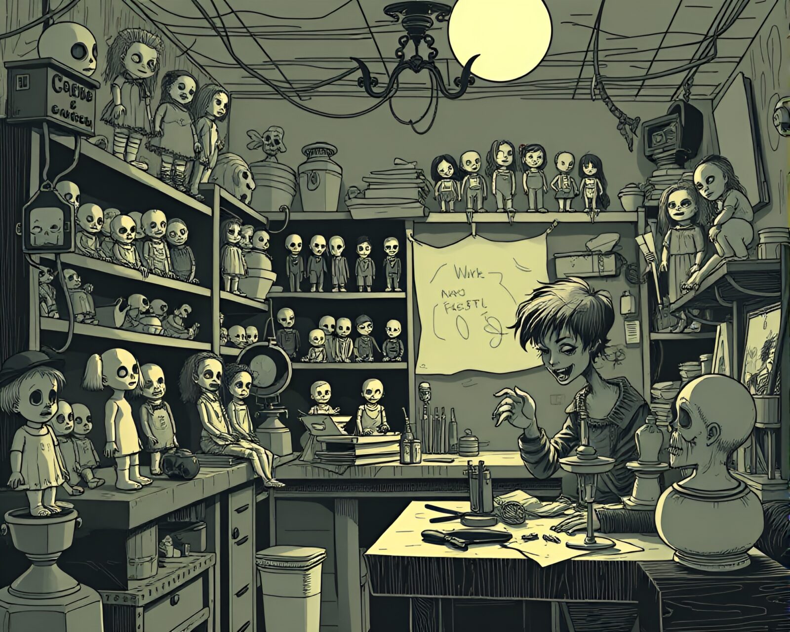 Detailed charcoal sketch of macabre doll workshop scene.