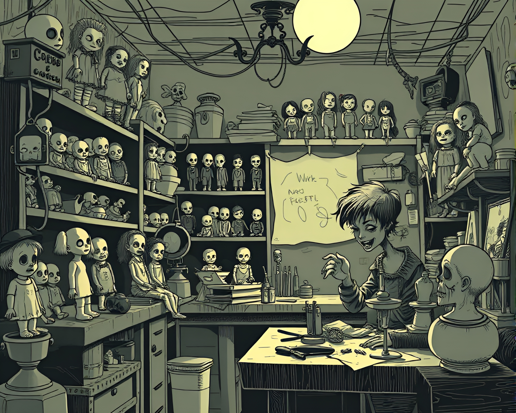 Eerie Doll Workshop: Frenetic Creations in Charcoal Sketch – free AI stock image