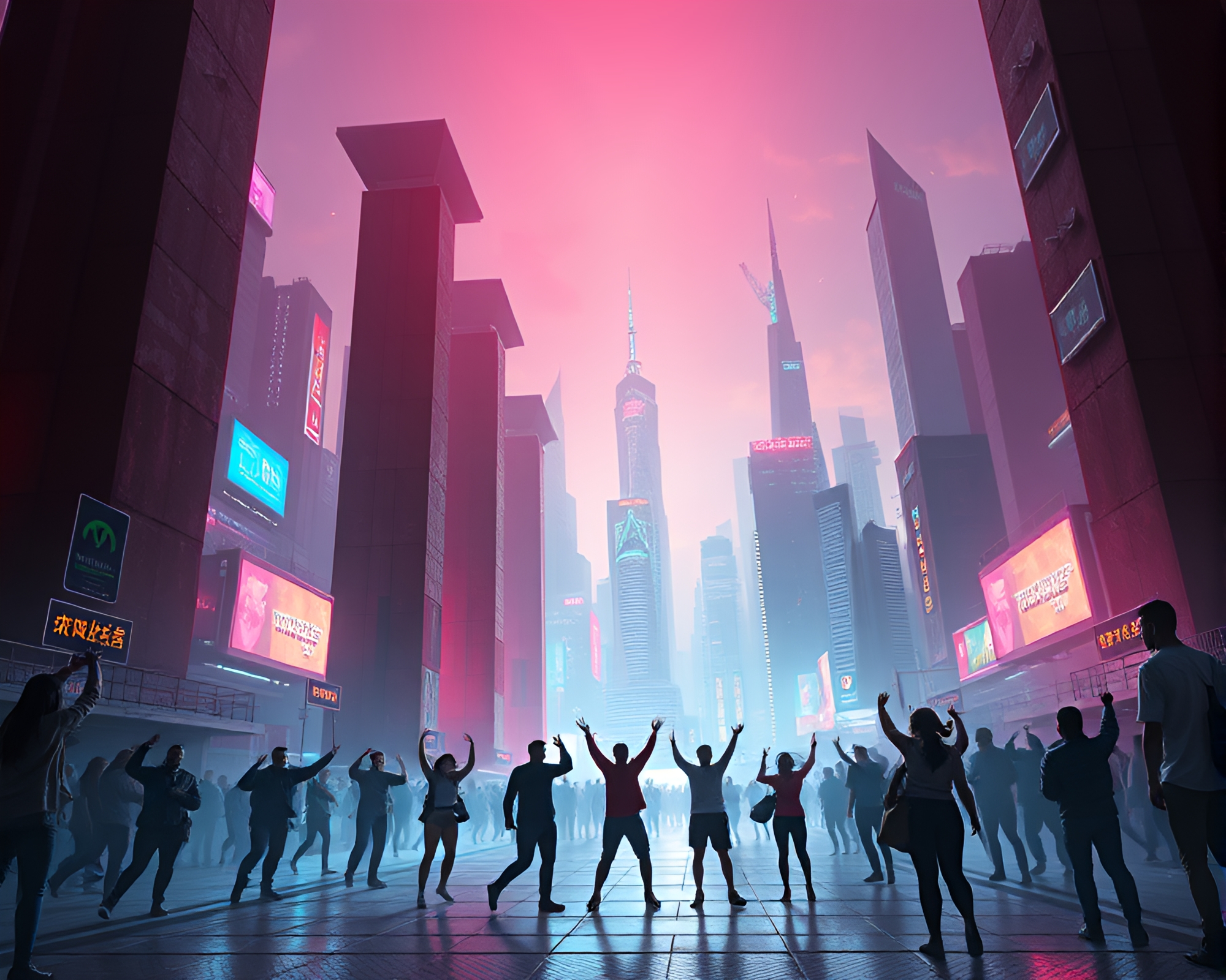 Futuristic Monolithic Pillars Illuminate Urban Festive Celebration – free AI stock image