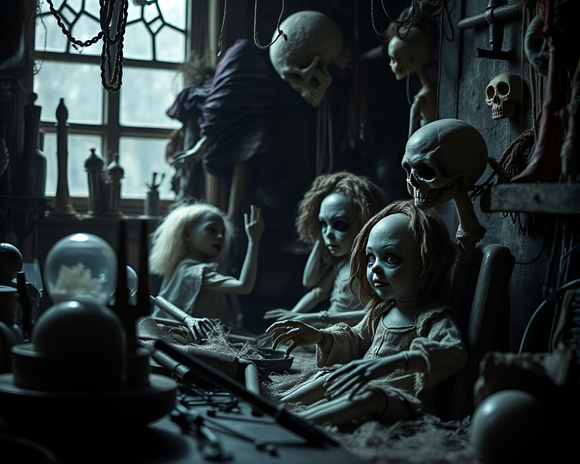 Eerie Doll Workshop: The Creation of Macabre Figures – free AI stock image