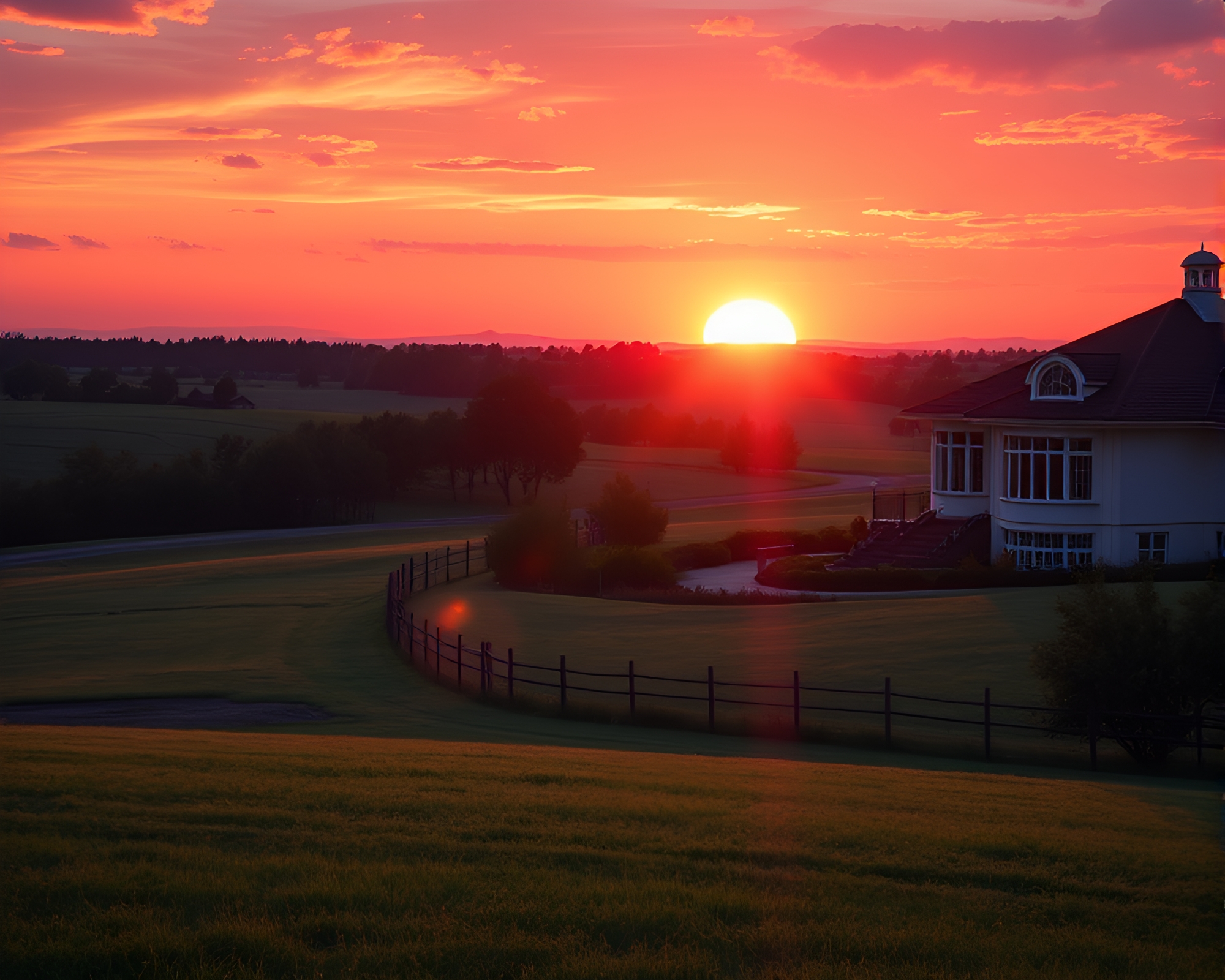 Art Deco Sunset: Vibrant Solar Flare Illuminates Serene Landscape – free AI stock image