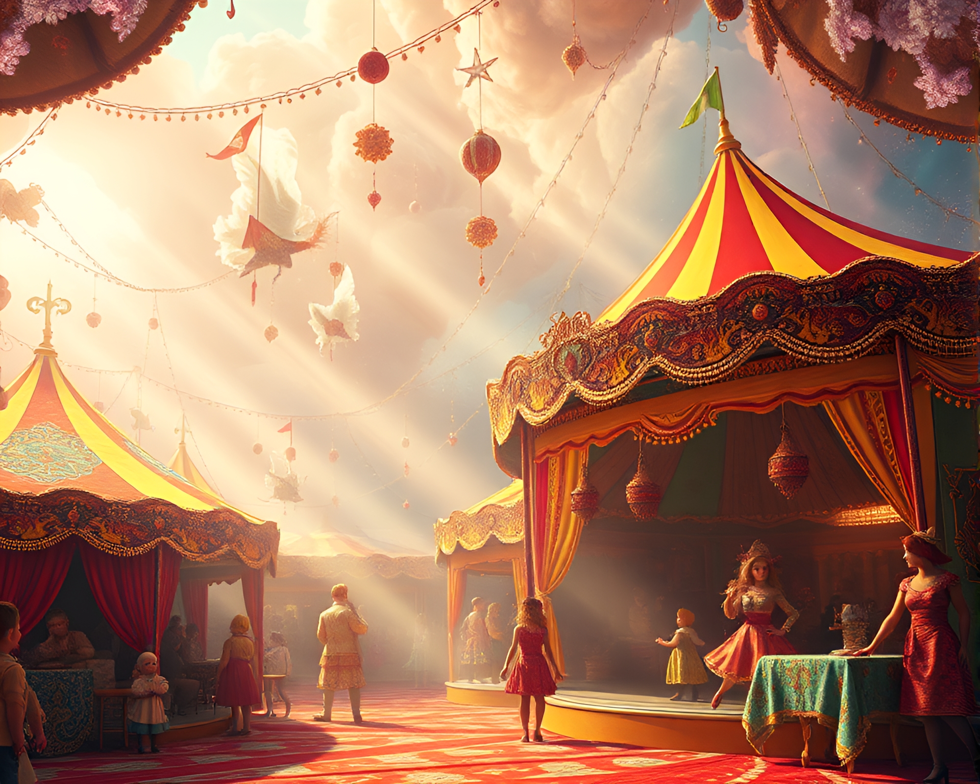 Spectral Carnival with Whimsical Performers and Embroidery Patterns – free AI stock image