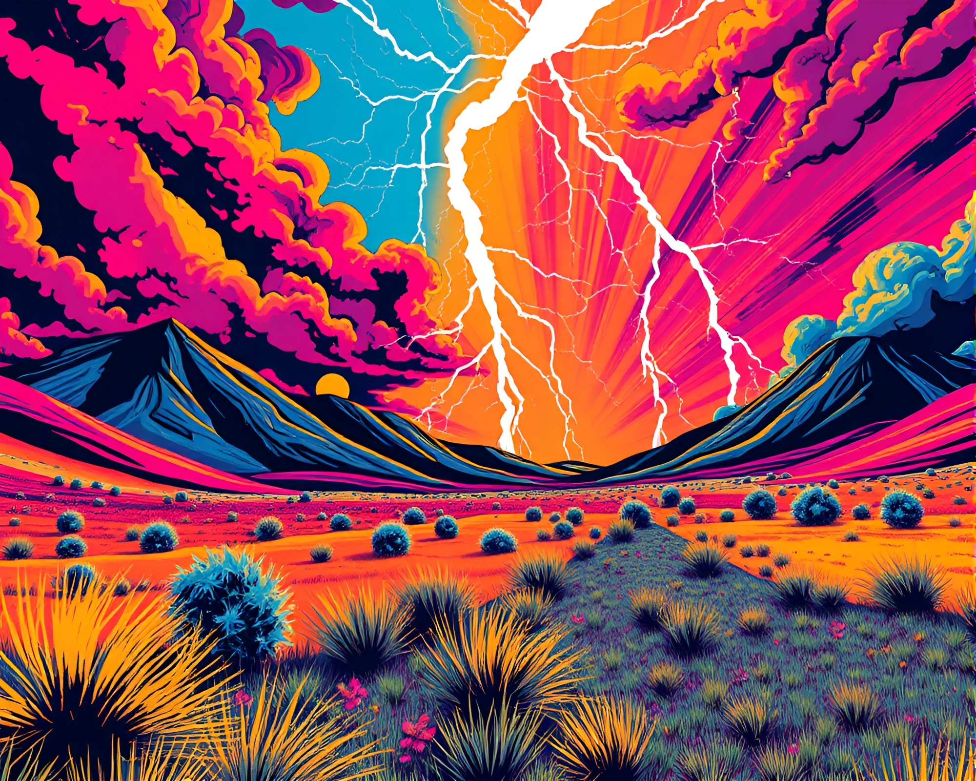 Dramatic Electric Storm Illuminates Lush Landscape in Pop Art Style – free AI stock image