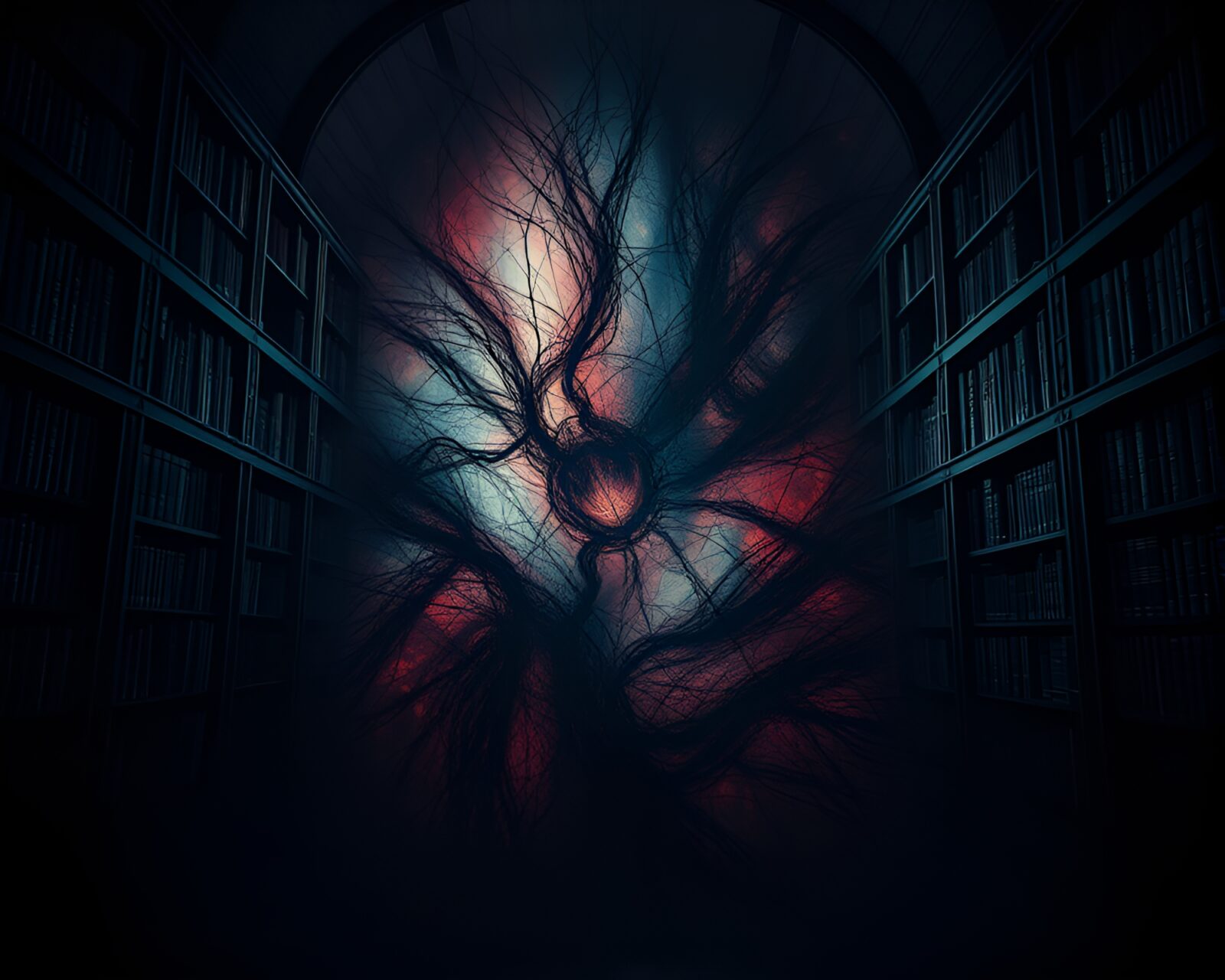 Swirling mass of dark colors with hints of red and purple in surreal artwork