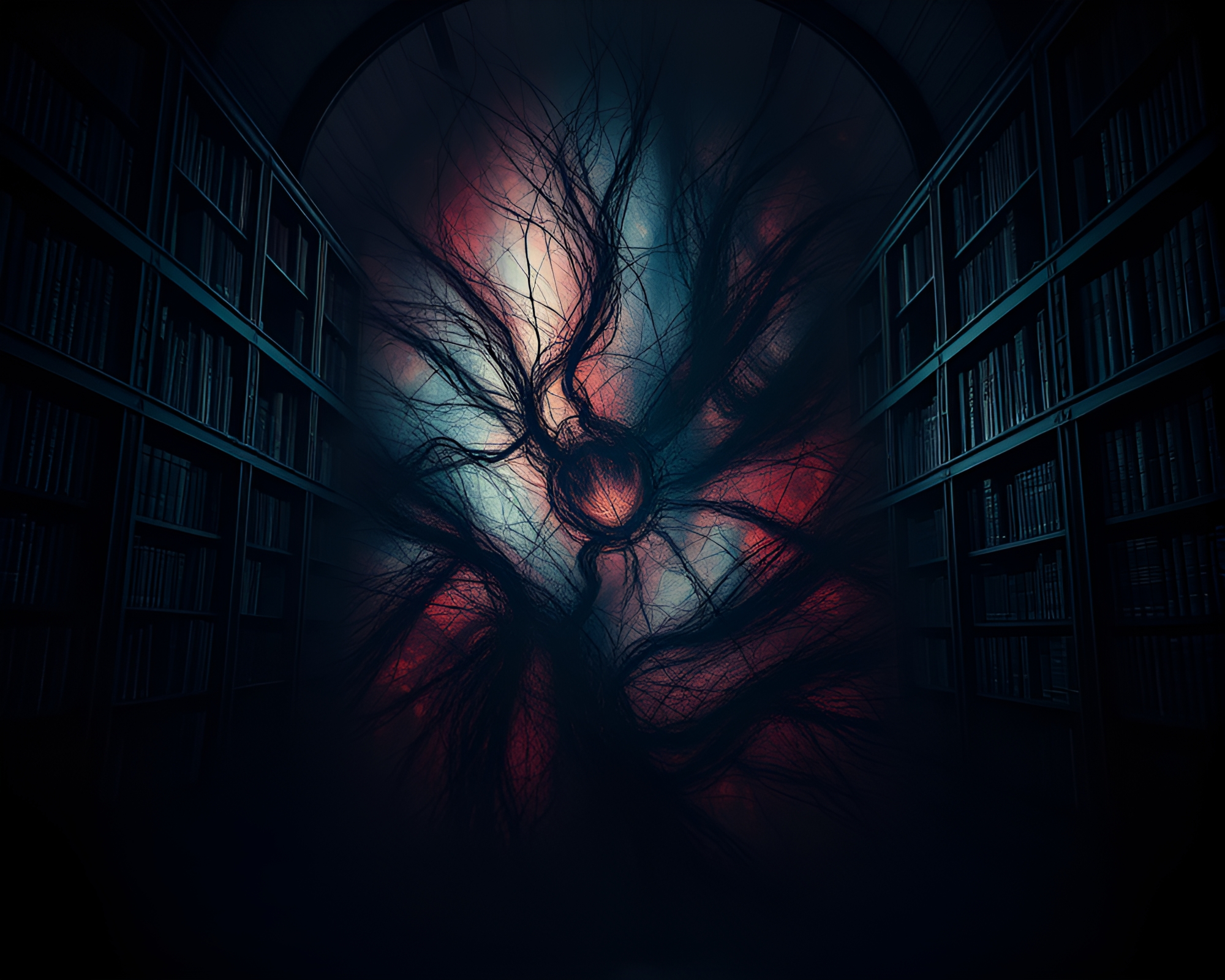 Enigmatic Abstract Art Illuminates Dark Library Chamber – free AI stock image