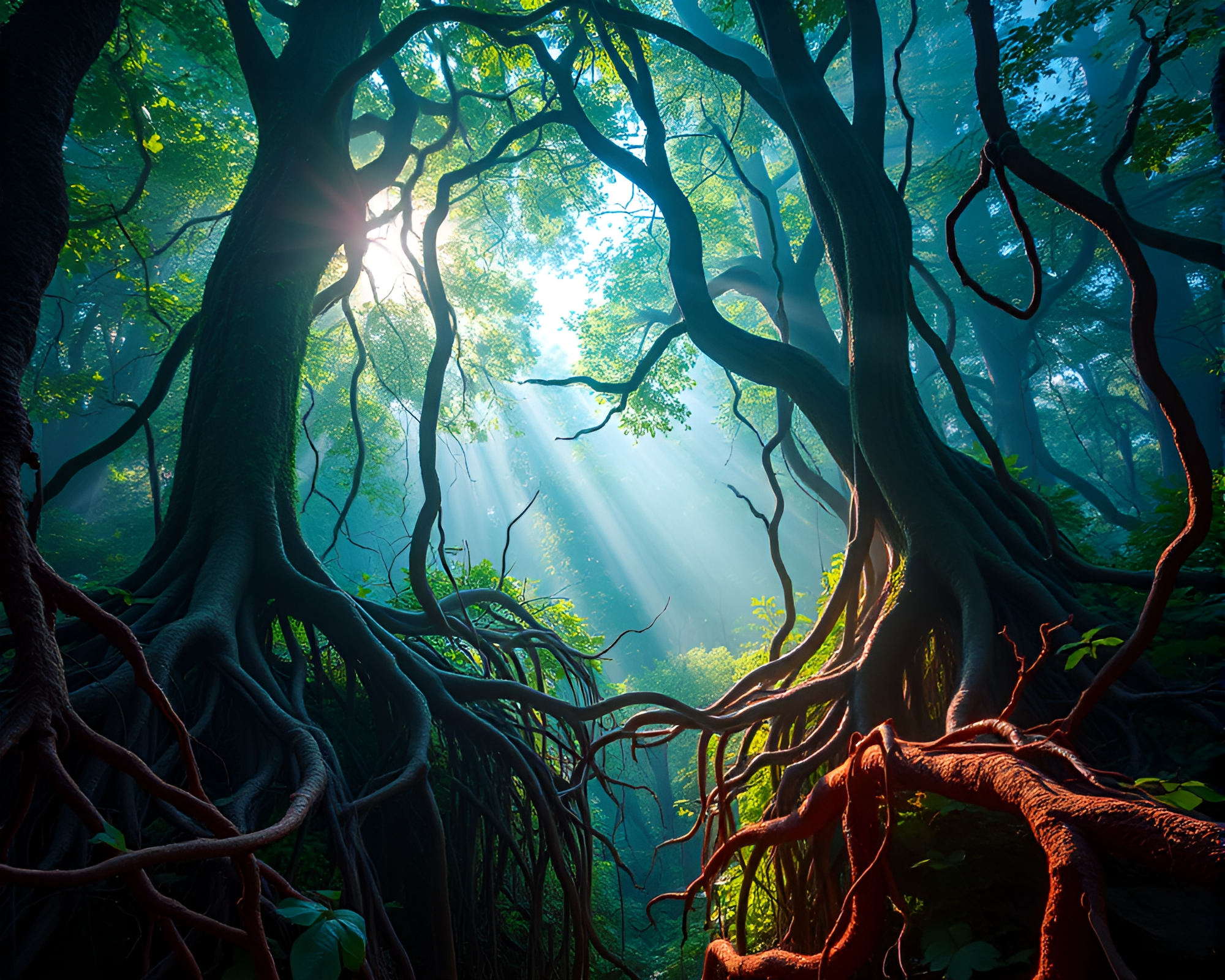 Enchanted Forest: Floating Roots Network Defying Gravity – free AI stock image