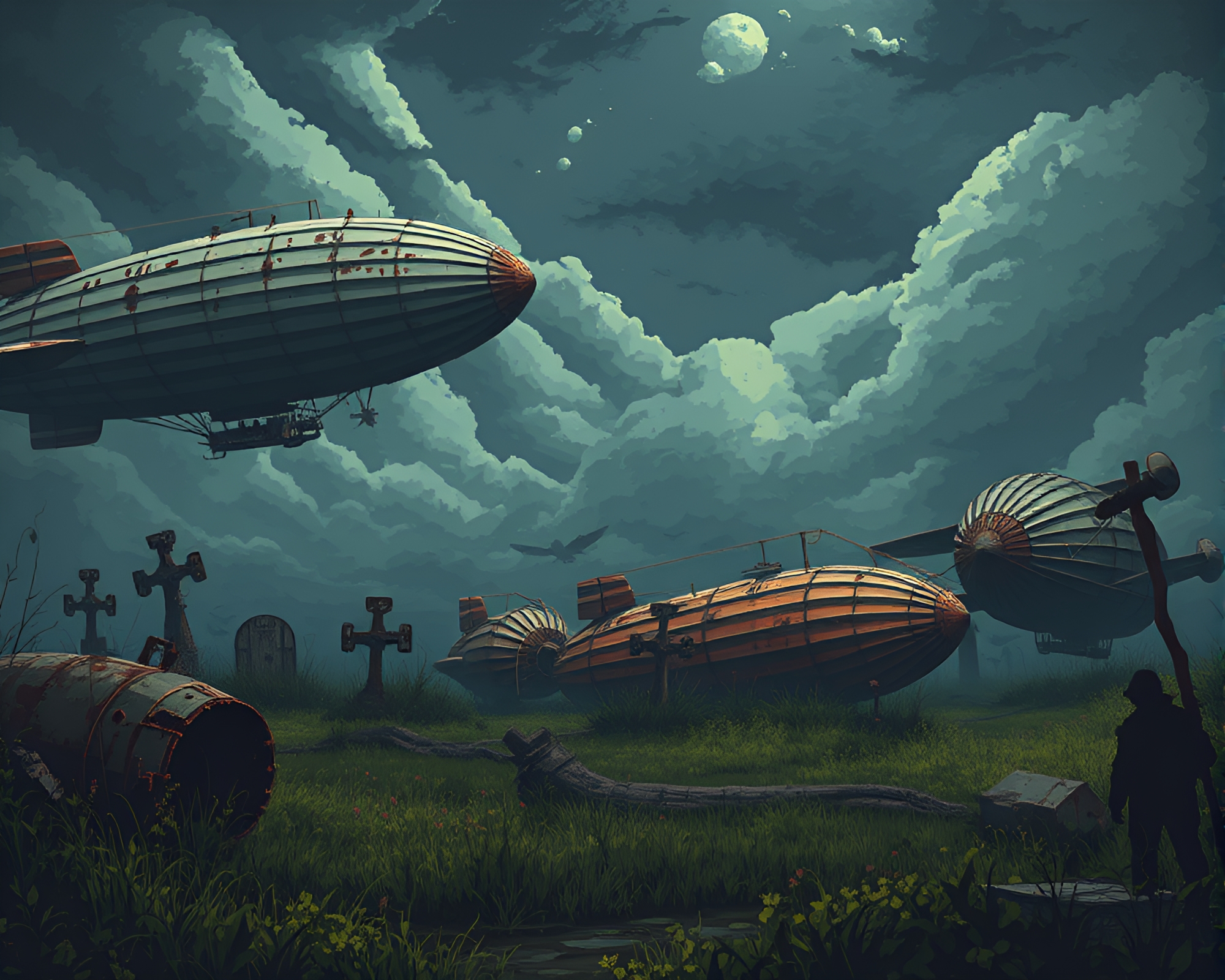 Eerie Pixel Art Zeppelin Graveyard Scene – free AI stock image