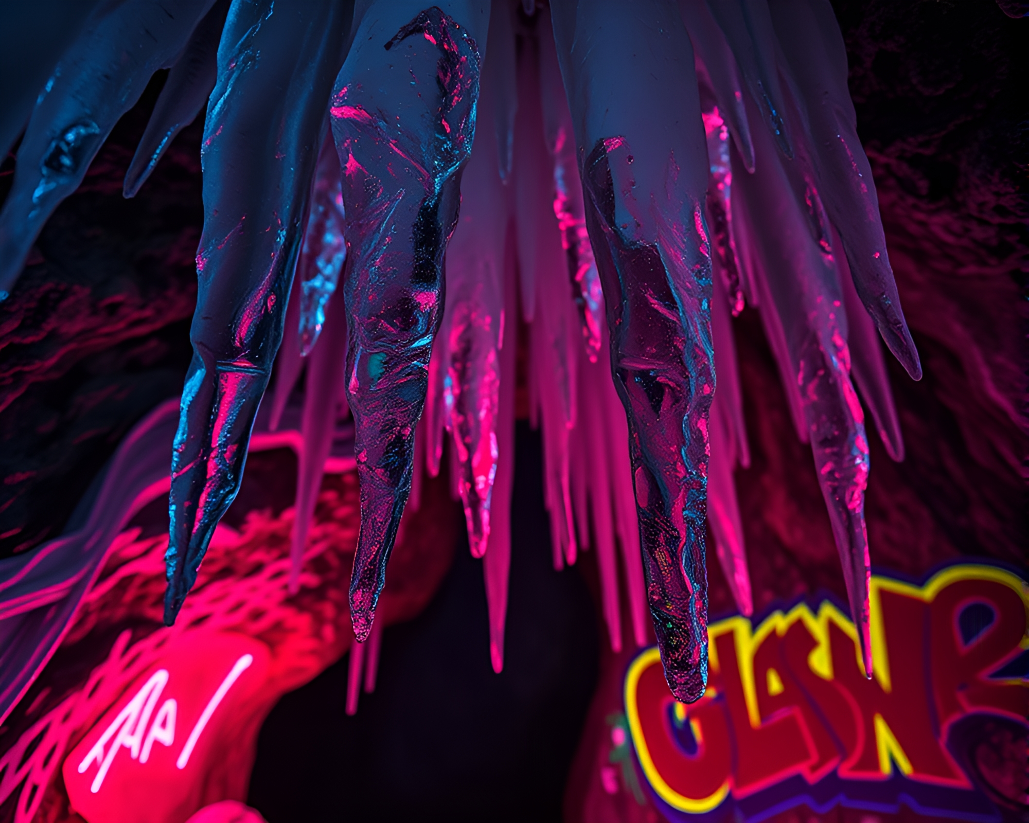Glistening Ice Prisms and Vibrant Neon Graffiti Contrast – free AI stock image